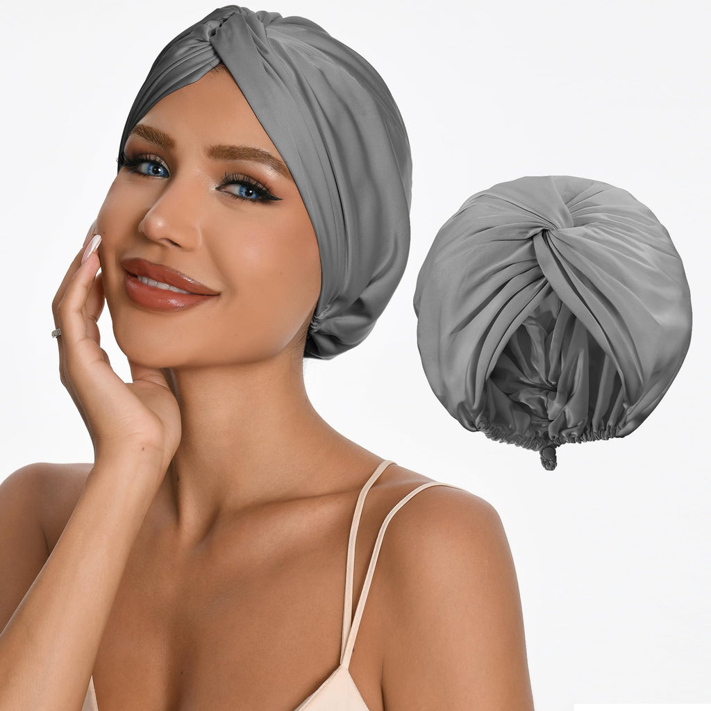 ELIO Adjustable Silk Satin Hair Bonnet – 5% Mulberry Silk, Double Layer, 20–25" Fit (Grey)
