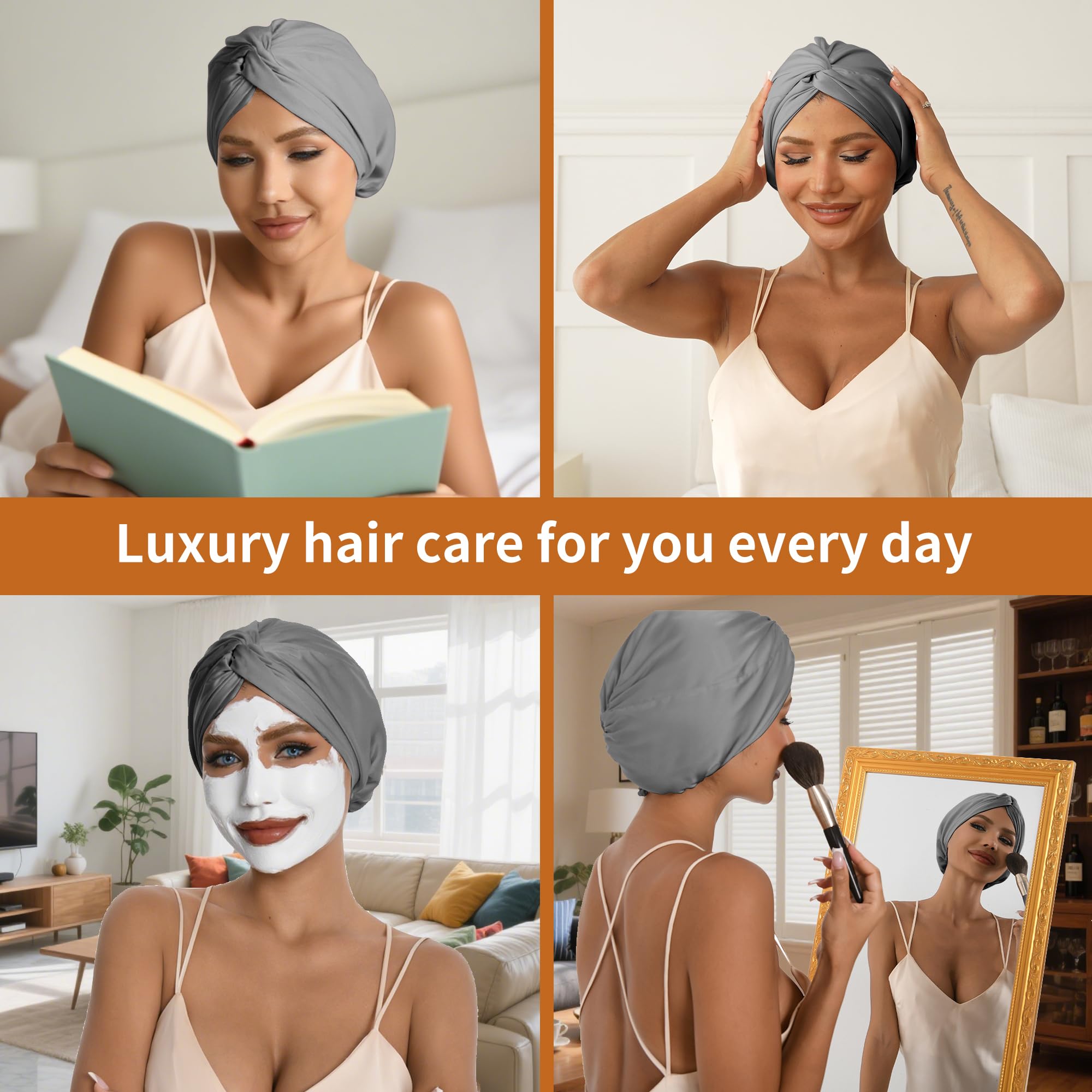 ELIO Adjustable Silk Satin Hair Bonnet – 5% Mulberry Silk, Double Layer, 20–25" Fit (Grey)