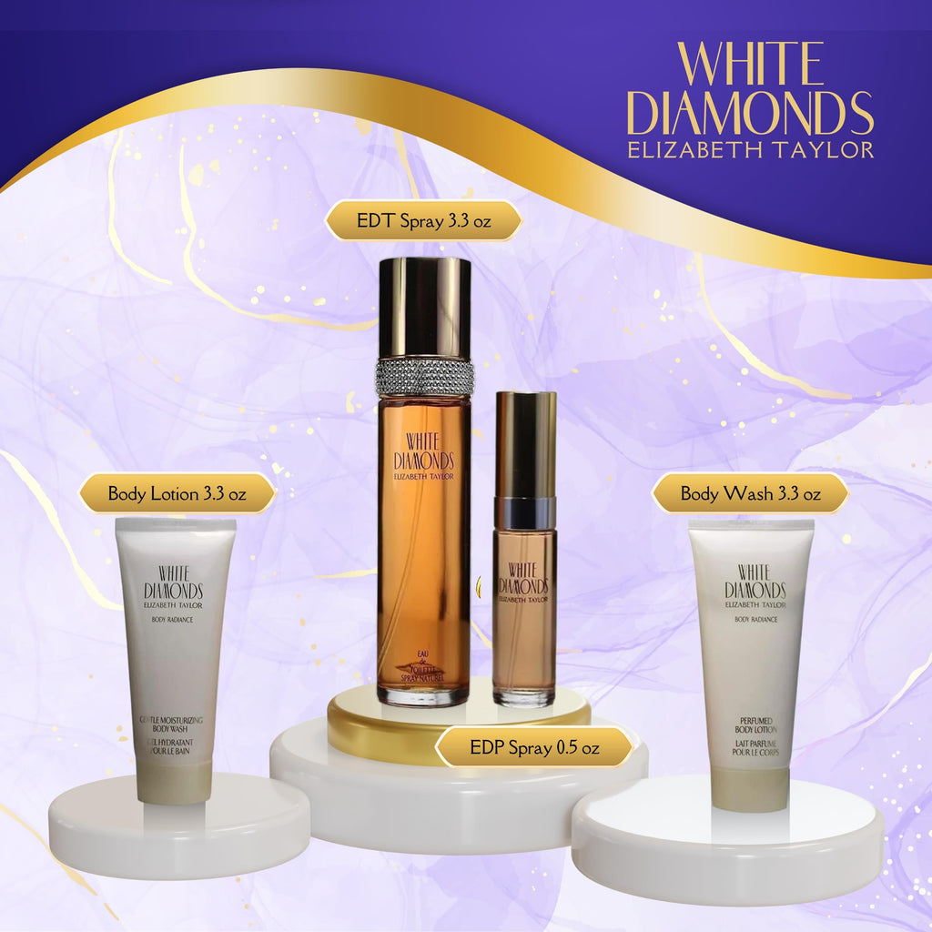 Elizabeth Taylor White Diamonds 4-Piece Fragrance Gift Set for Women – EDT 3.3 oz + Body Lotion + Body Wash