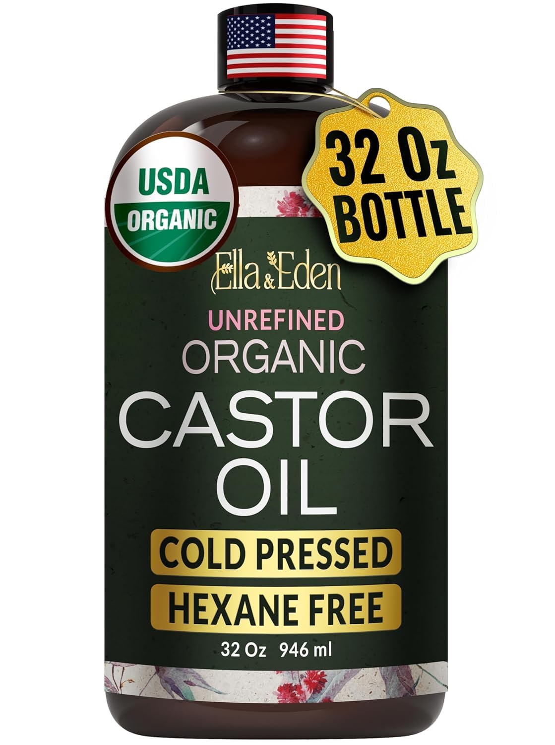 Ella & Eden Organic Castor Oil – 32oz, Cold-Pressed & Hexane-Free | Hair, Skin, Lashes