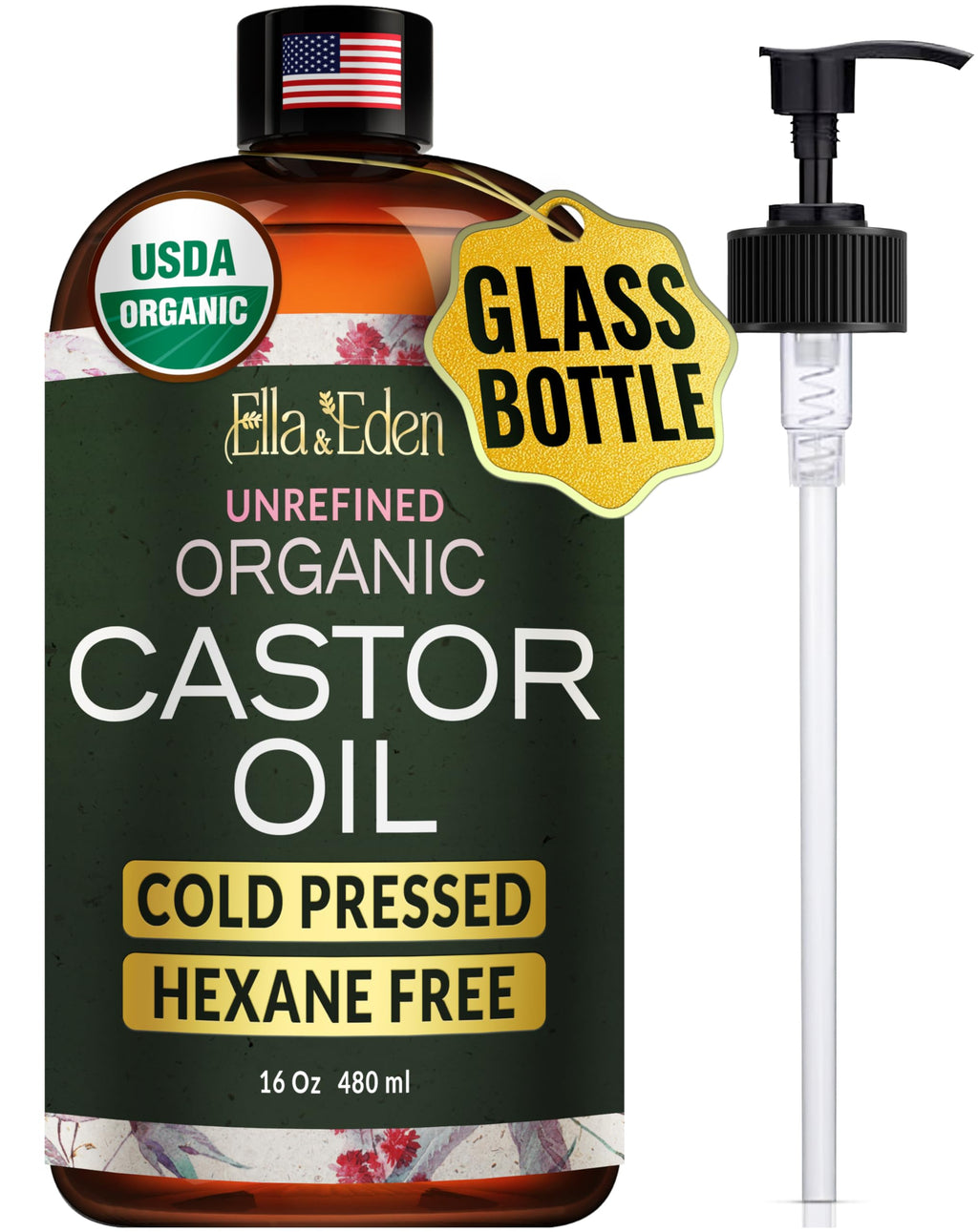 Ella & Eden USDA Organic Castor Oil – Cold-Pressed, Hexane-Free, 16 oz Glass Bottle
