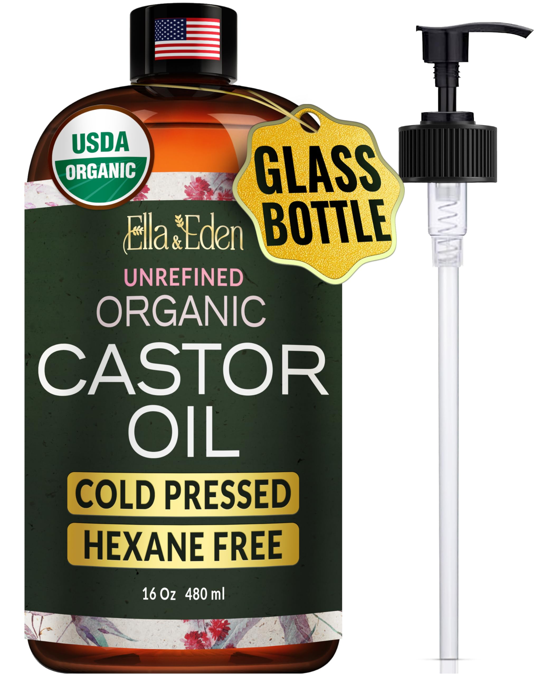 Ella & Eden USDA Organic Castor Oil – Cold-Pressed, Hexane-Free, 16 oz Glass Bottle