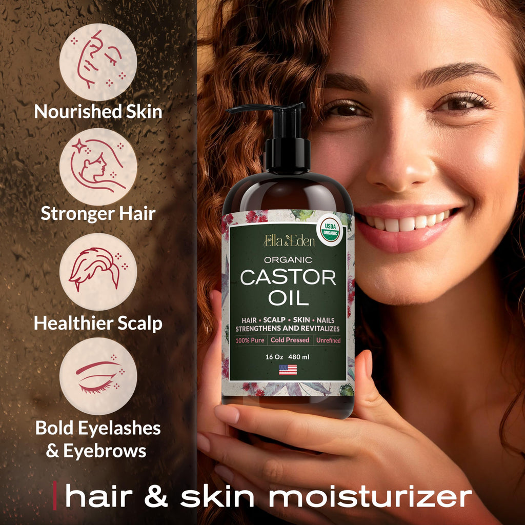 Ella & Eden USDA Organic Castor Oil – Cold-Pressed, Hexane-Free, 16 oz Glass Bottle