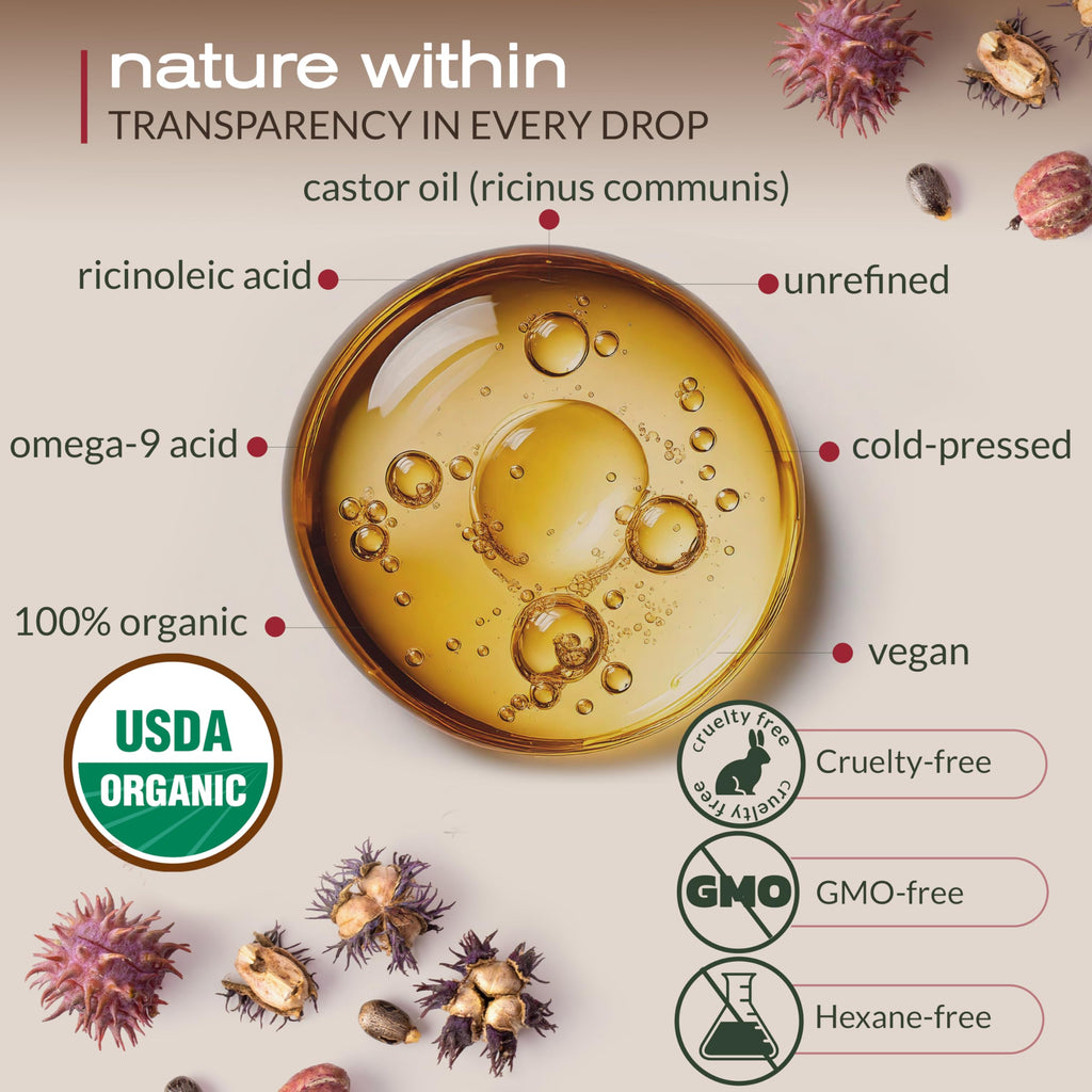 Ella & Eden USDA Organic Castor Oil – Cold-Pressed, Hexane-Free, 16 oz Glass Bottle