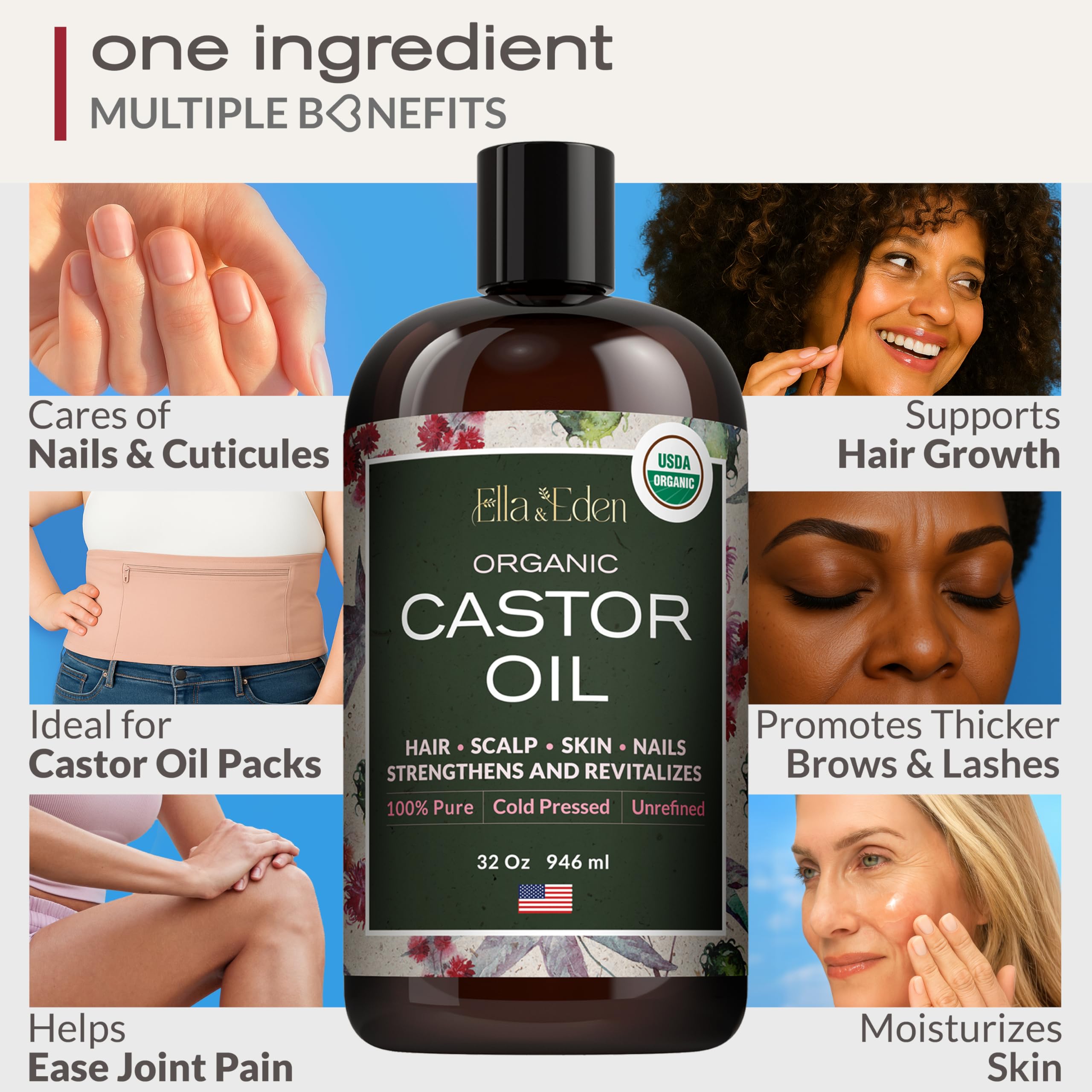 Ella & Eden Organic Castor Oil – 32oz, Cold-Pressed & Hexane-Free | Hair, Skin, Lashes