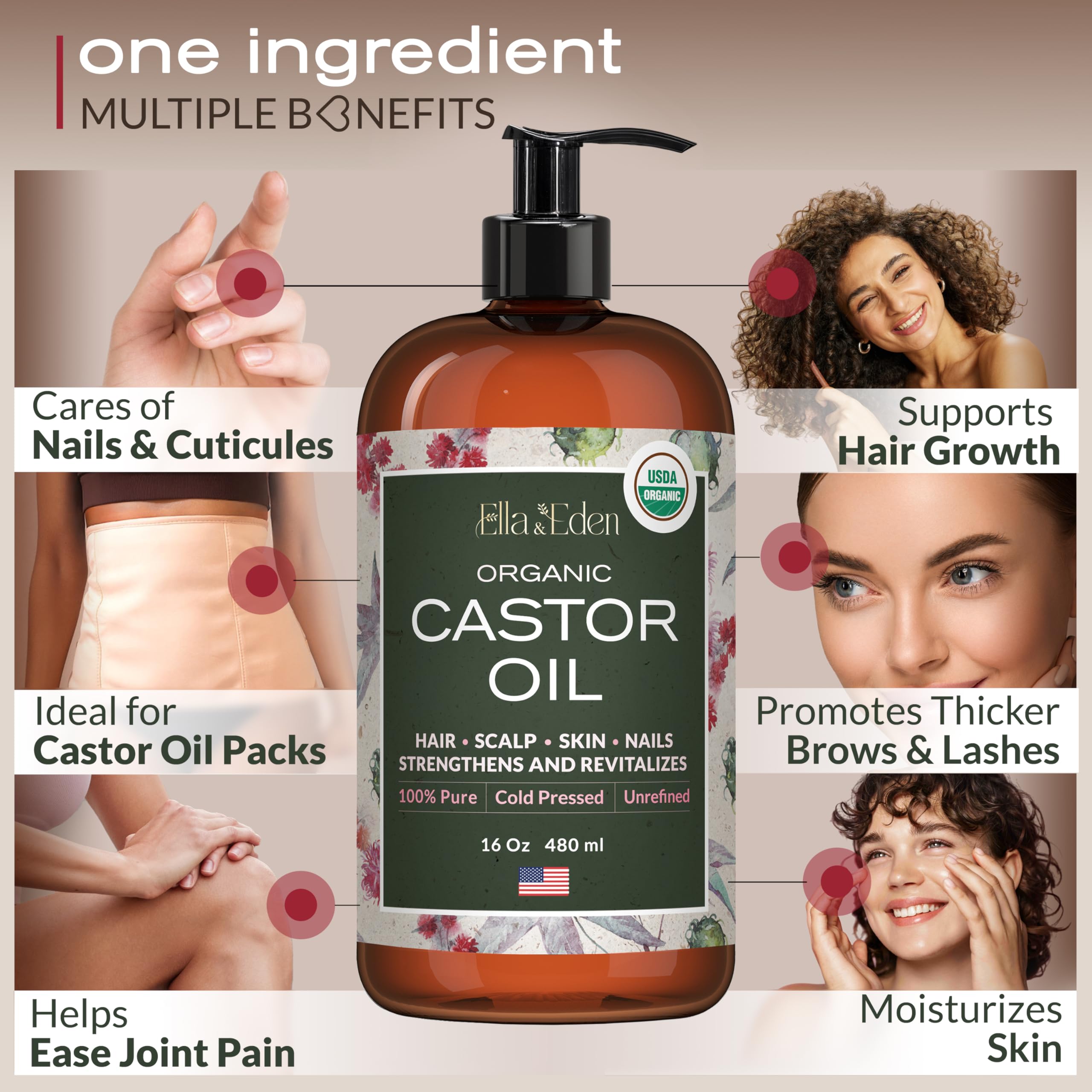 Ella & Eden USDA Organic Castor Oil – Cold-Pressed, Hexane-Free, 16 oz Glass Bottle