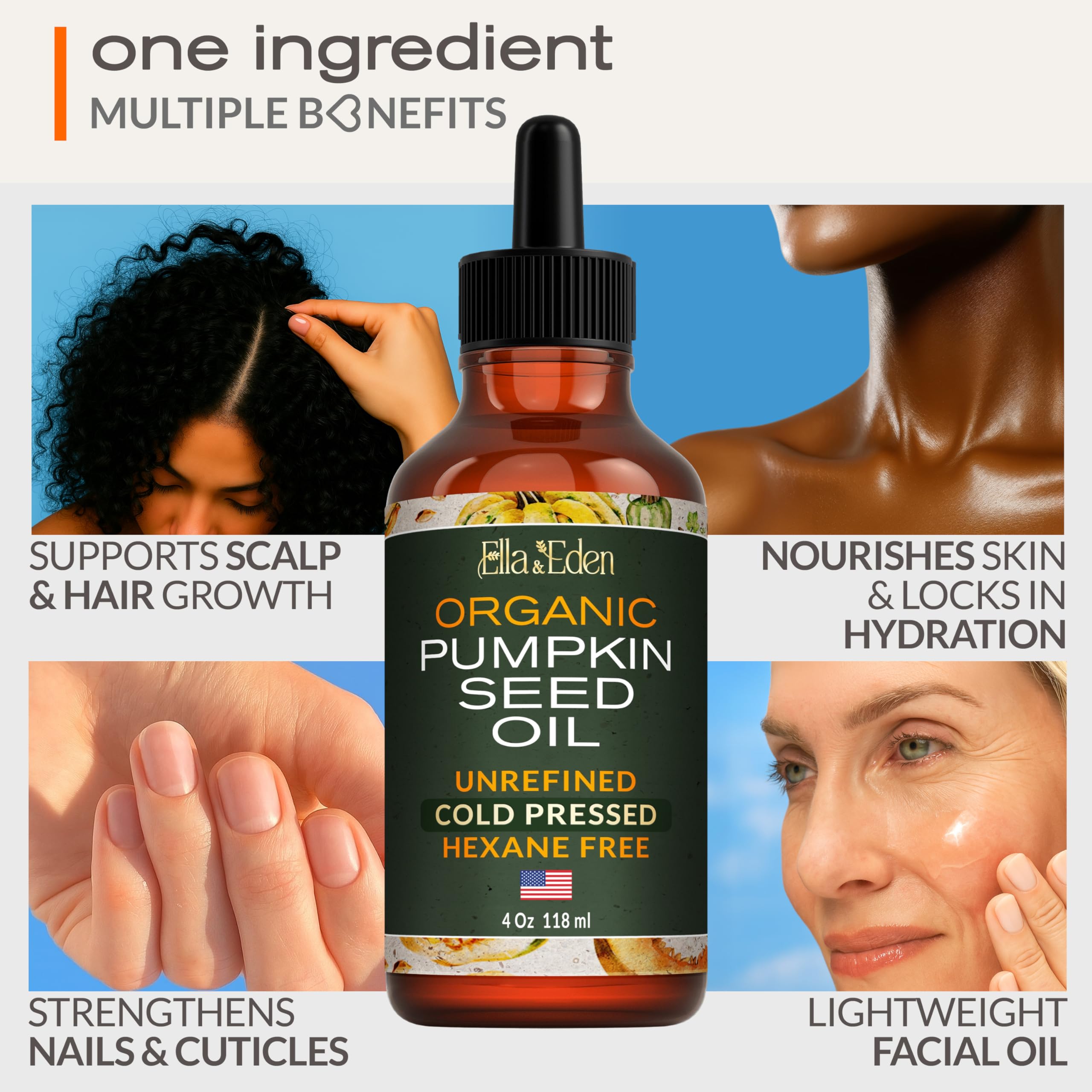 Ella & Eden Organic Pumpkin Seed Oil for Hair Growth – Cold-Pressed, Hexane-Free, 4 Fl Oz