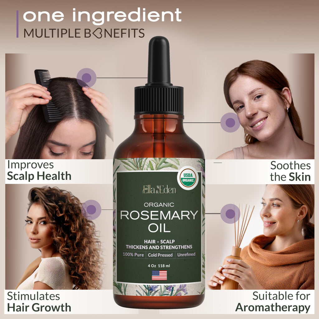 Ella & Eden Organic Rosemary Essential Oil - 4 oz Steam-Distilled, Hexane-Free