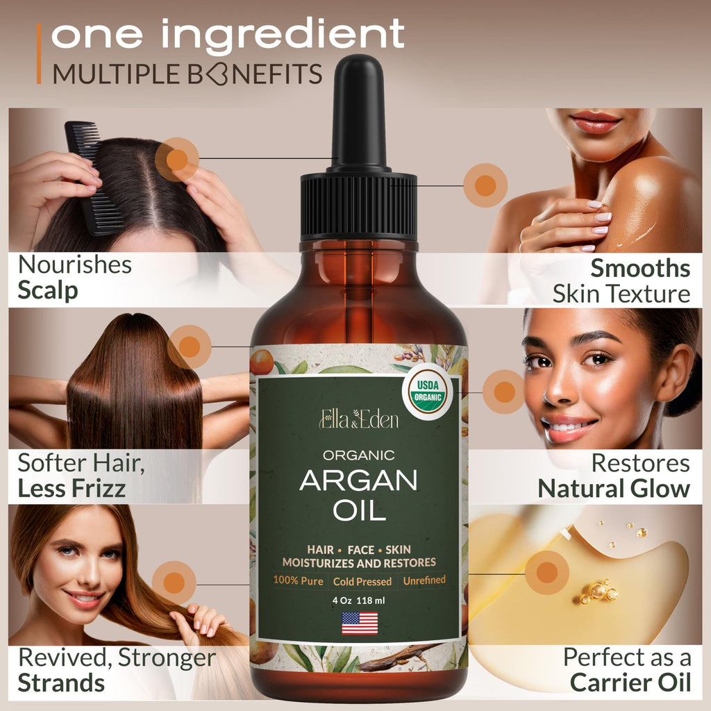 Ella & Eden Organic Moroccan Argan Oil — 100% Pure Cold-Pressed USDA Certified Unrefined, 4 Fl Oz