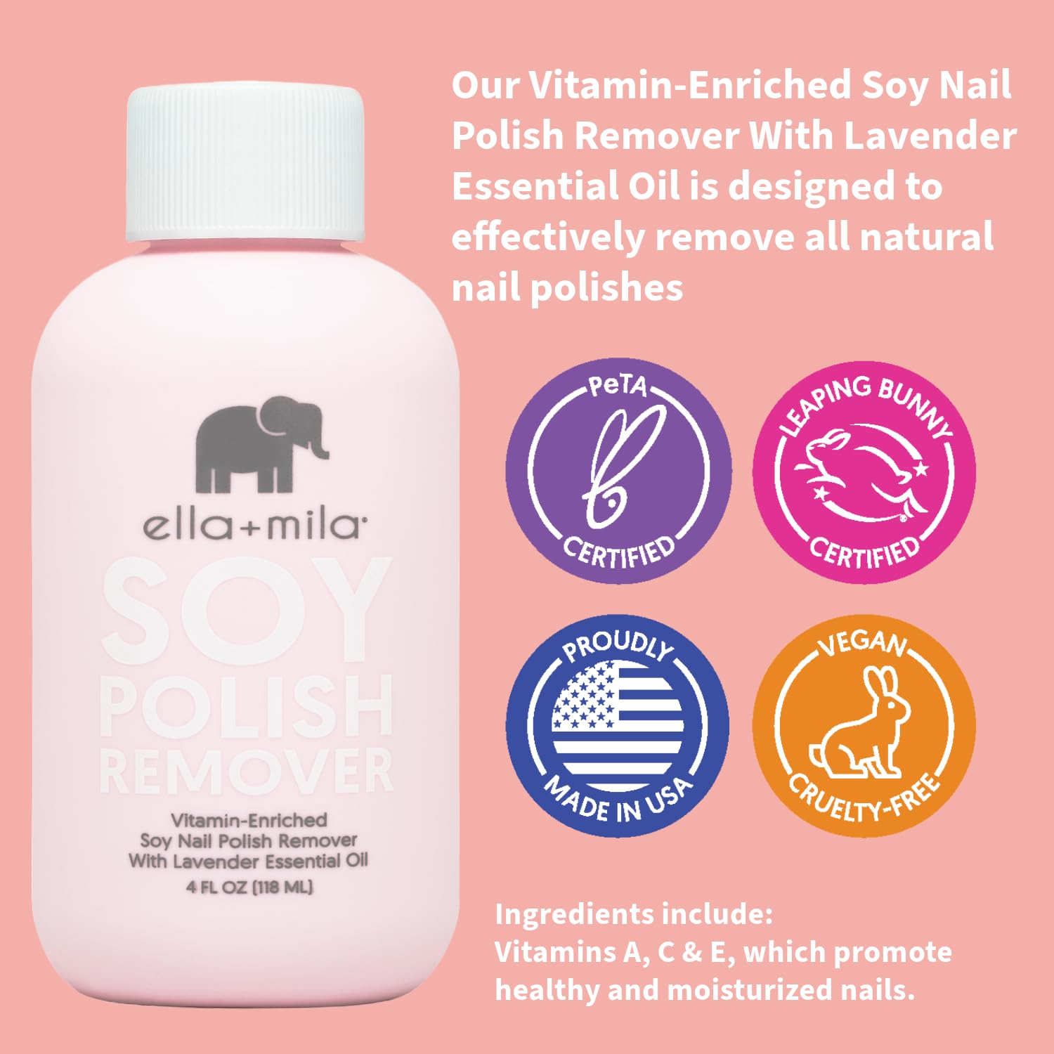 ella+mila Soy Nail Polish Remover – Non-Acetone, Non-Toxic, Lavender Oil & Vitamins A/C/E (4 fl oz)