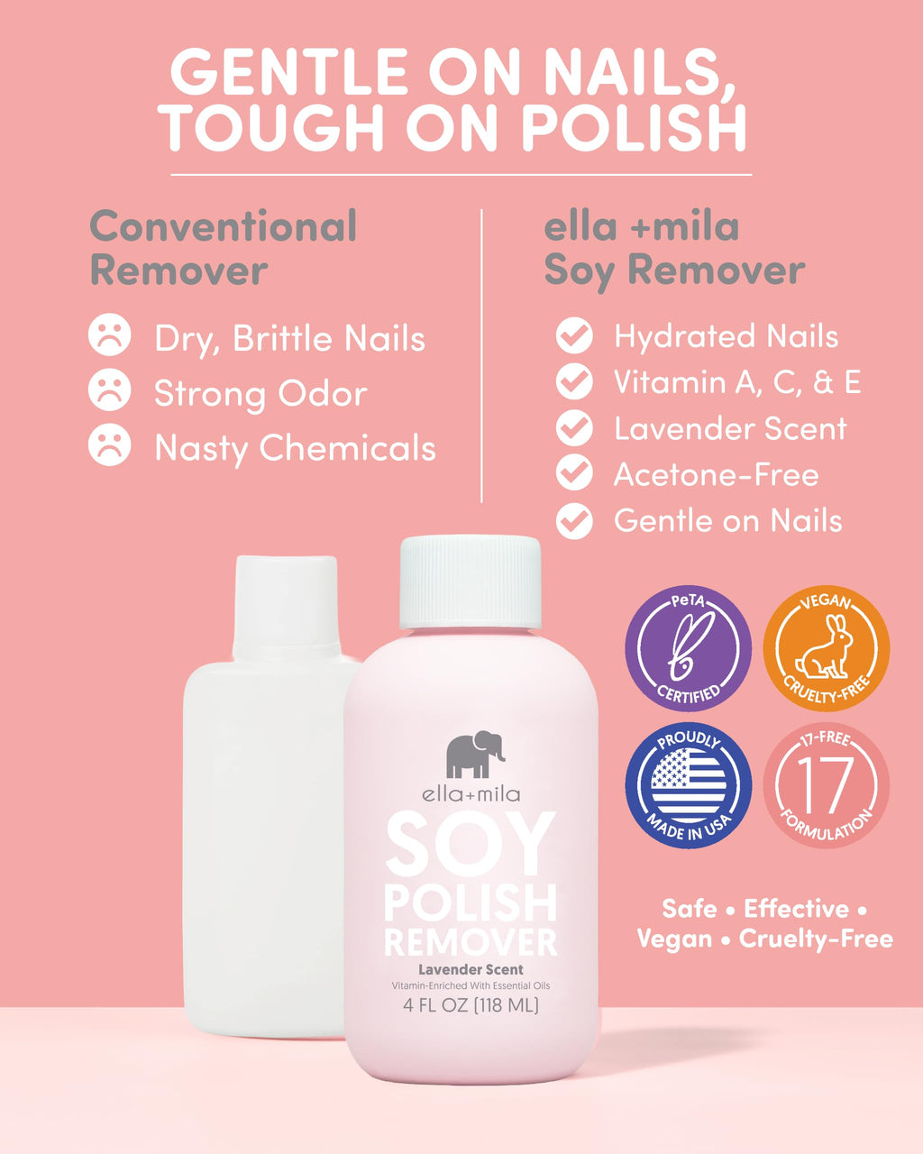 ella+mila Soy Nail Polish Remover – Non-Acetone, Non-Toxic, Lavender Oil & Vitamins A/C/E (4 fl oz)
