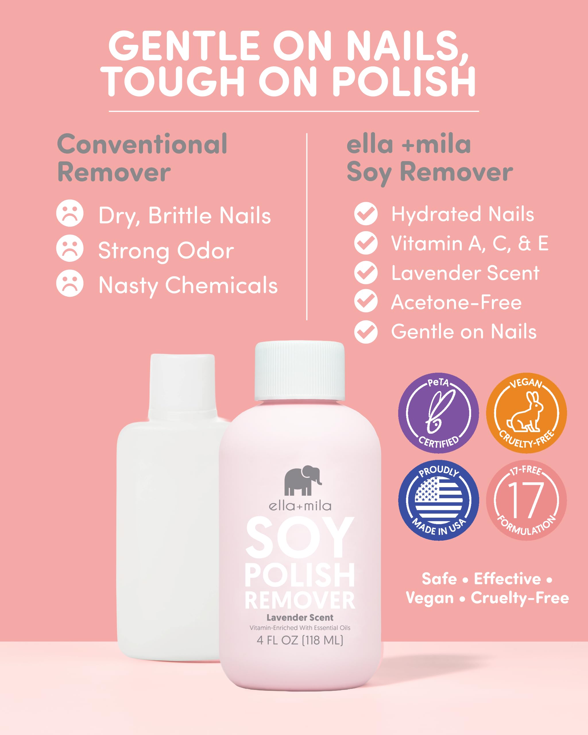 ella+mila Soy Nail Polish Remover – Non-Acetone, Non-Toxic, Lavender Oil & Vitamins A/C/E (4 fl oz)