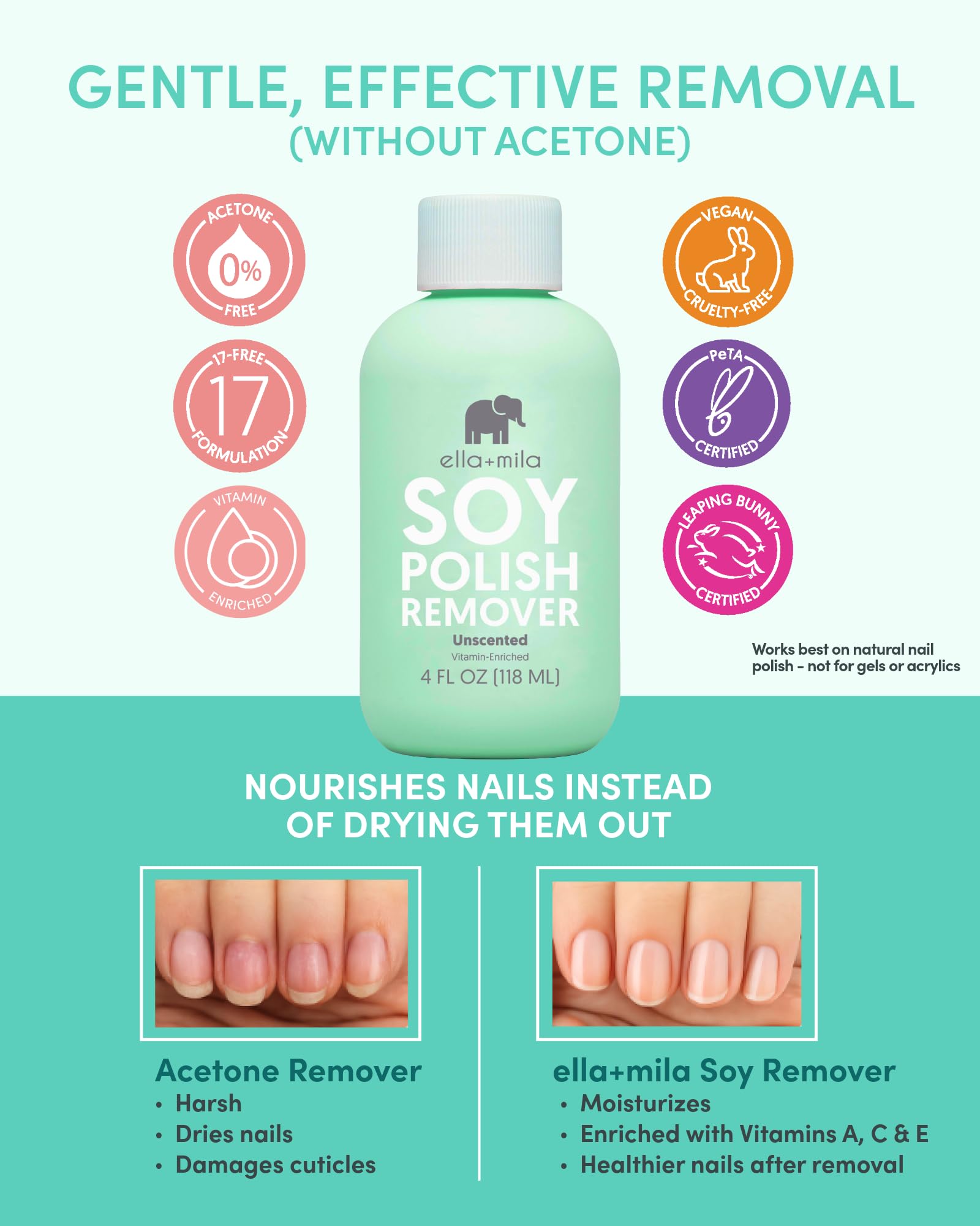 ella+mila Soy Nail Polish Remover – Unscented, Non-Acetone, Non-Toxic for Natural Nails (4 oz) with Vitamins A C & E