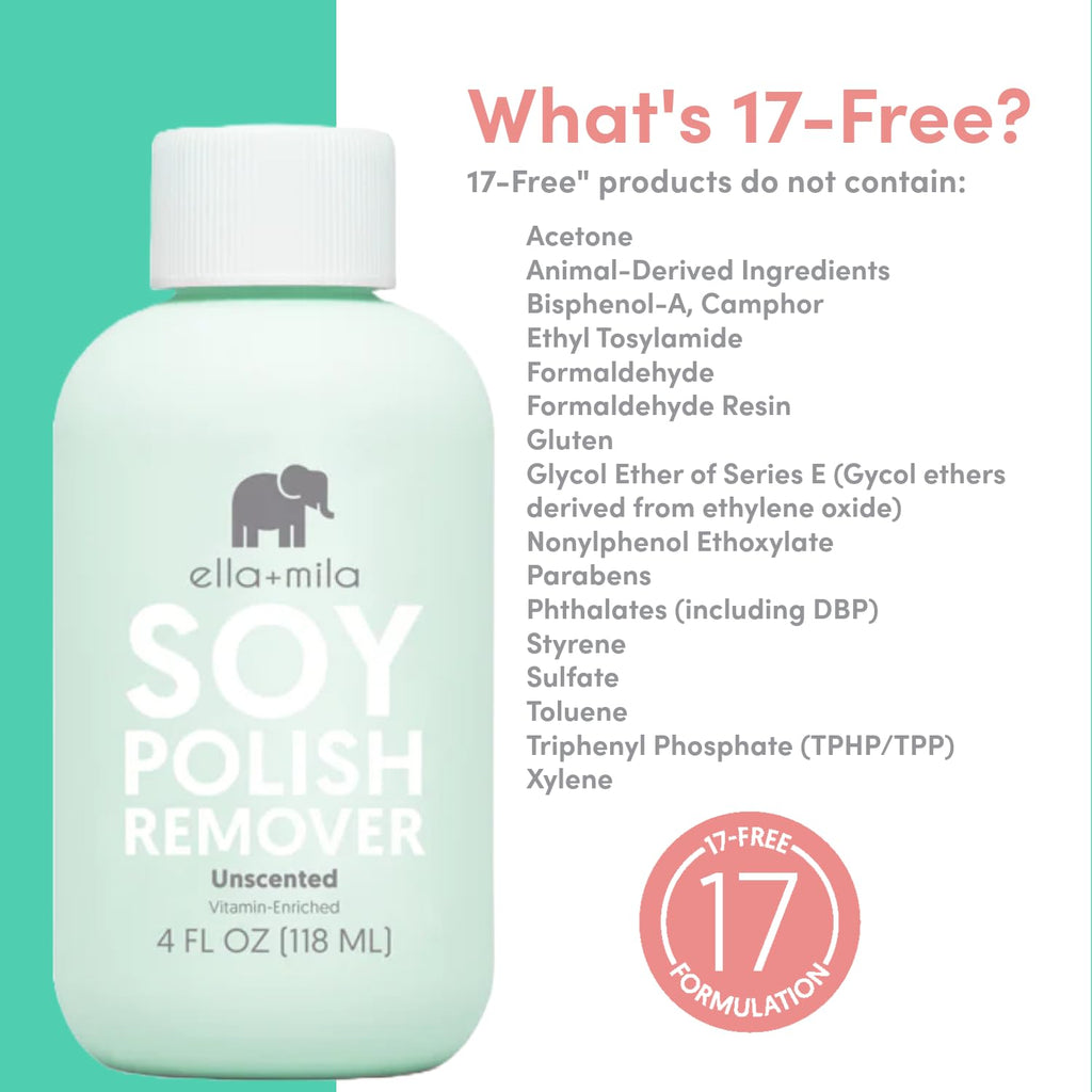ella+mila Soy Nail Polish Remover – Unscented, Non-Acetone, Non-Toxic for Natural Nails (4 oz) with Vitamins A C & E