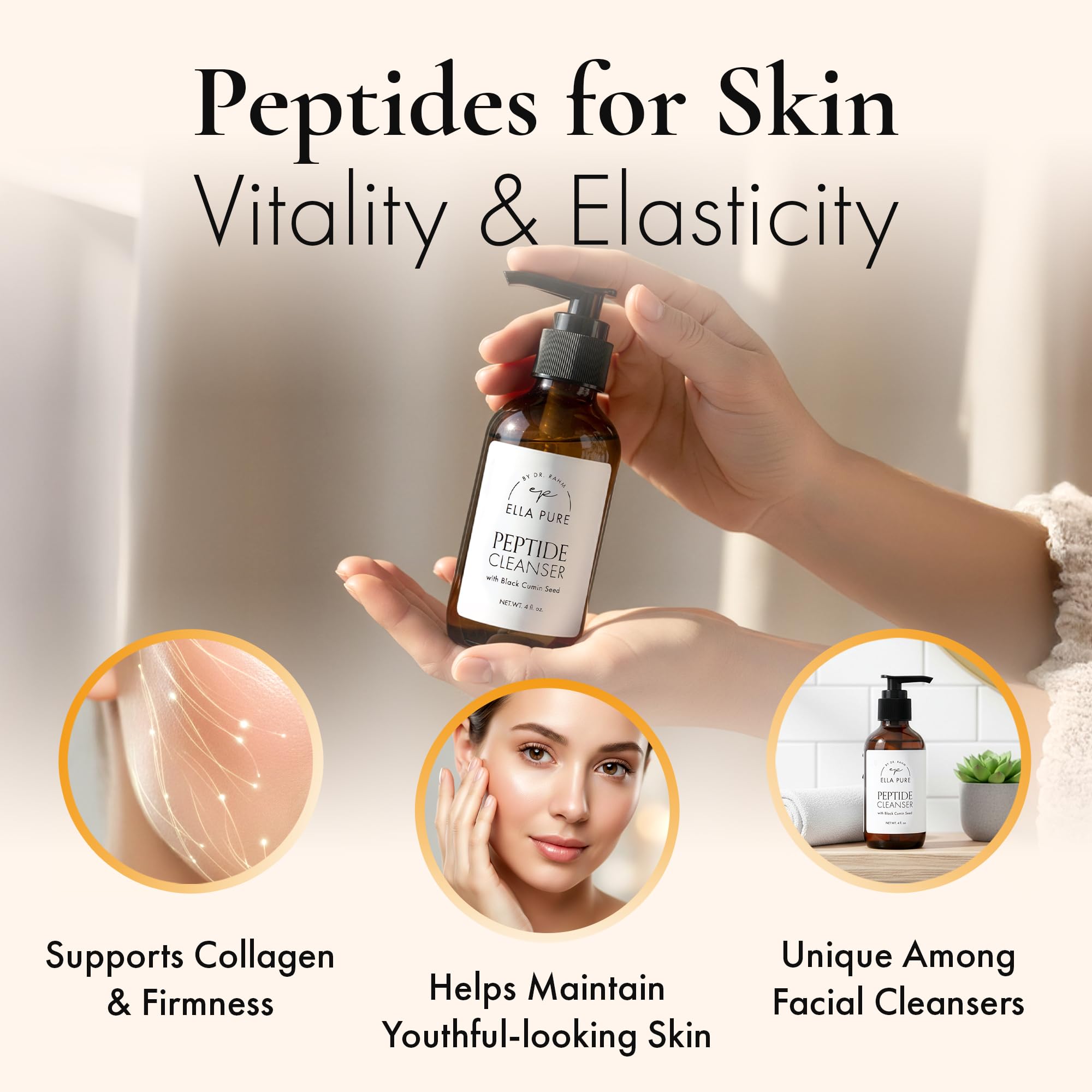 ELLA PURE Peptide Face Wash for Mature Skin – Gentle, pH-Balanced Cleanser with Hemp Seed Oil (4oz)