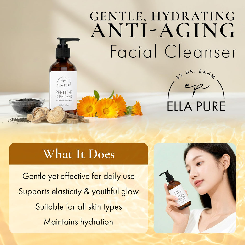 ELLA PURE Peptide Face Wash for Mature Skin – Gentle, pH-Balanced Cleanser with Hemp Seed Oil (4oz)