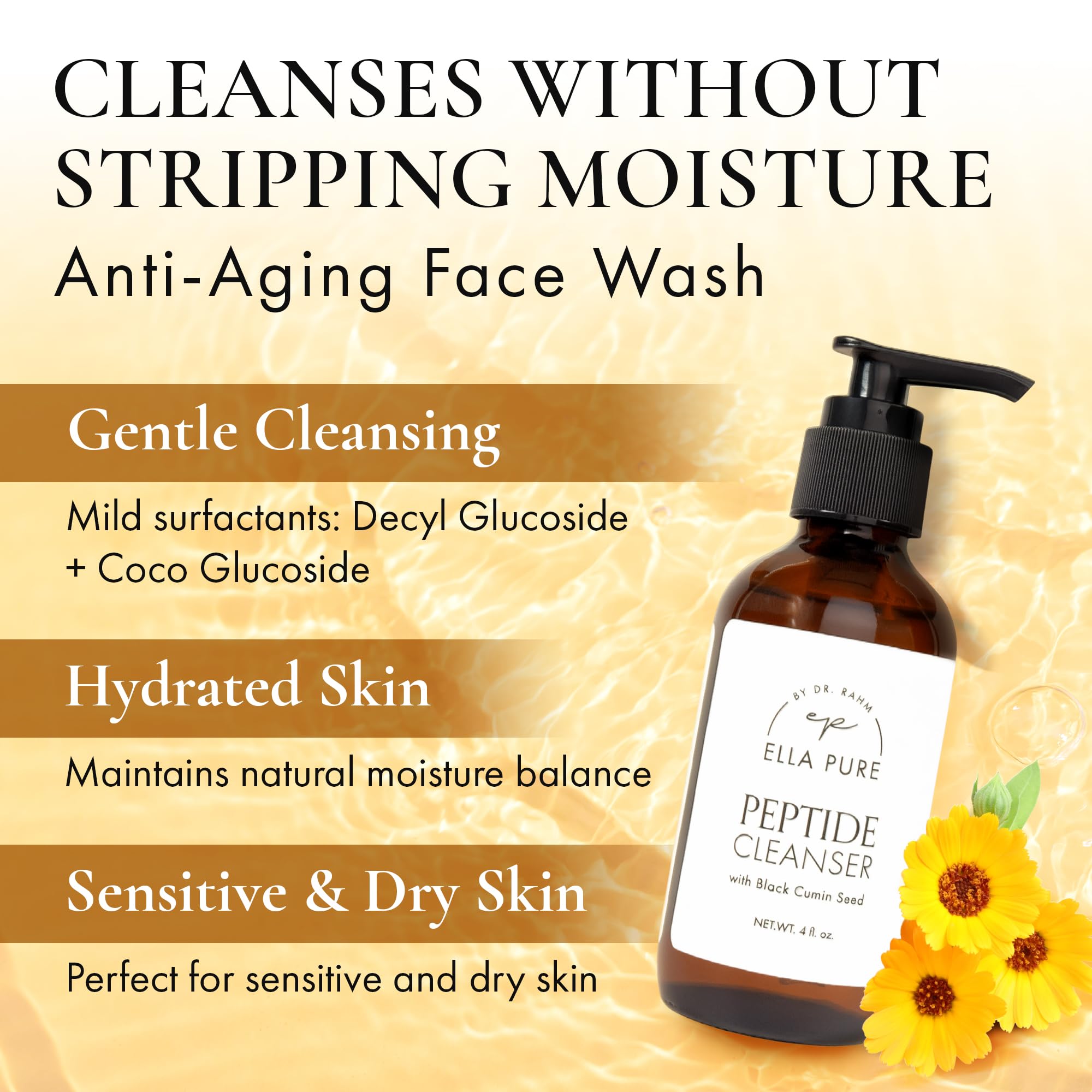 ELLA PURE Peptide Face Wash for Mature Skin – Gentle, pH-Balanced Cleanser with Hemp Seed Oil (4oz)