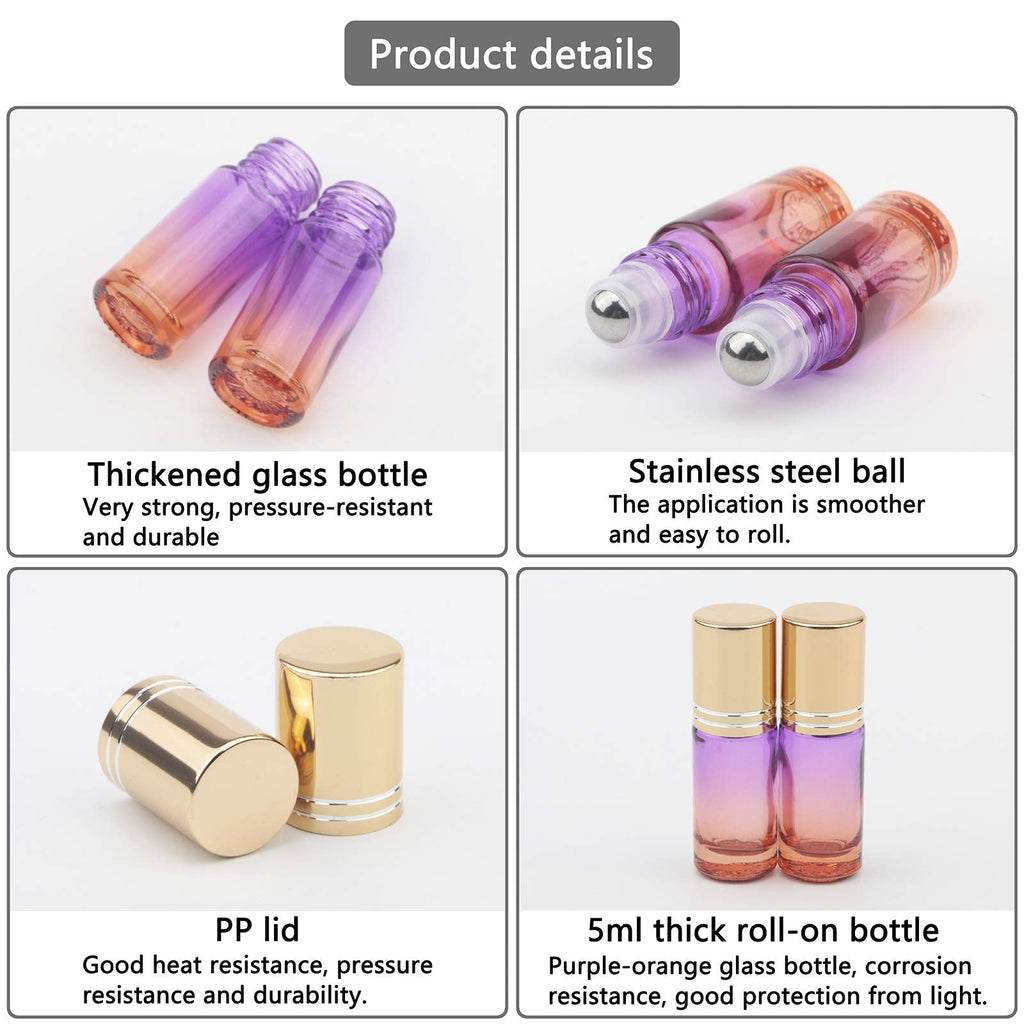 Ellbest 5ml Glass Roller Bottle Set – 17pc with Stainless Steel Rollers & Funnels, Purple-Orange Gradient