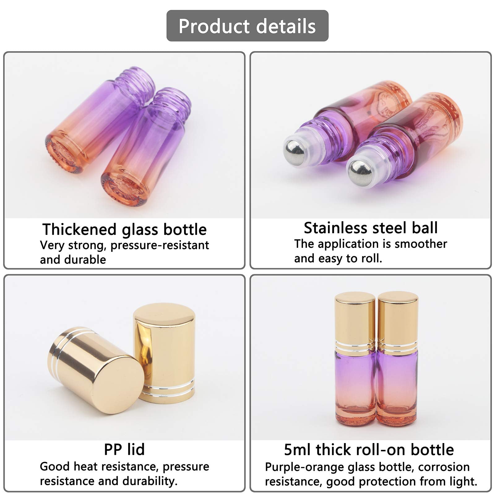 Ellbest 5ml Glass Roller Bottle Set – 17pc with Stainless Steel Rollers & Funnels, Purple-Orange Gradient
