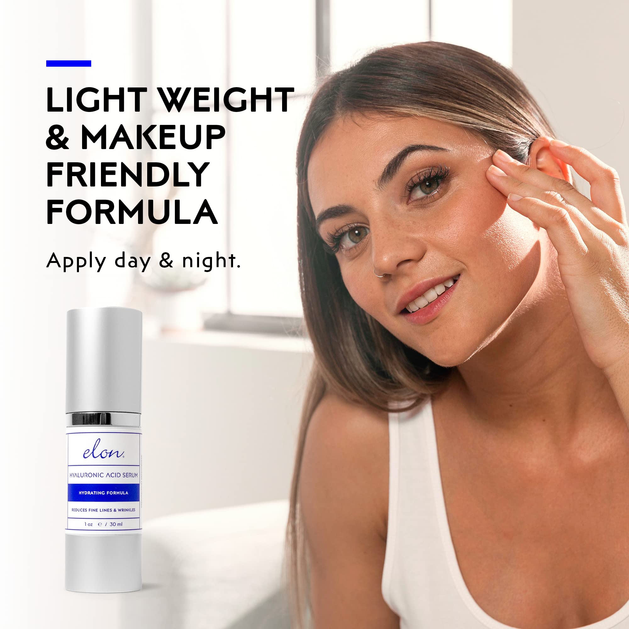 Elon Hyaluronic Acid Serum for Face & Neck - Hydration, Vitamin C & E, Jojoba Oil