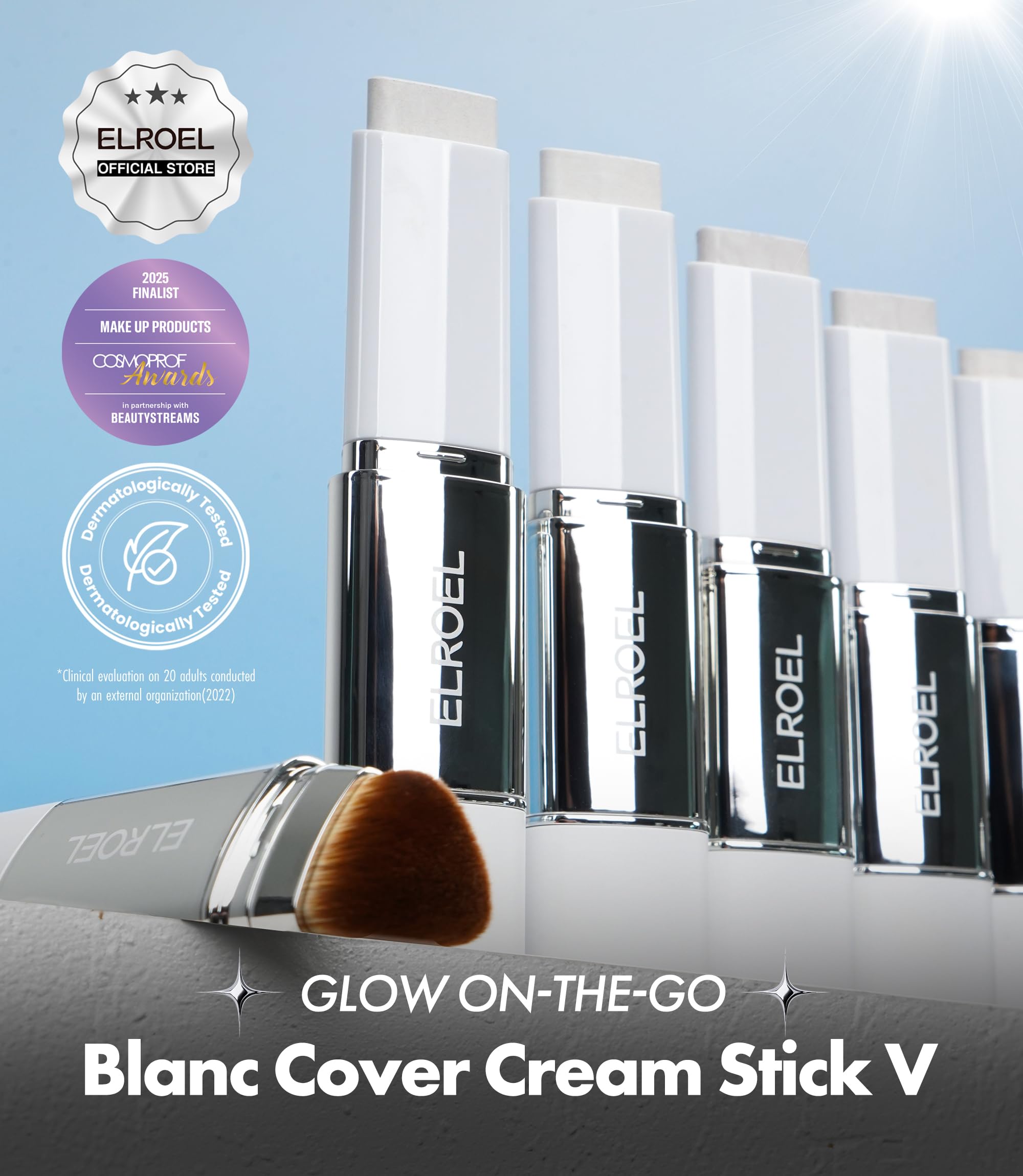 ELROEL Blanc Cover Stick V White – Korean Color-Changing Foundation with Volufiline (204 Tan) | Dual-Ended, Dewy Base Makeup