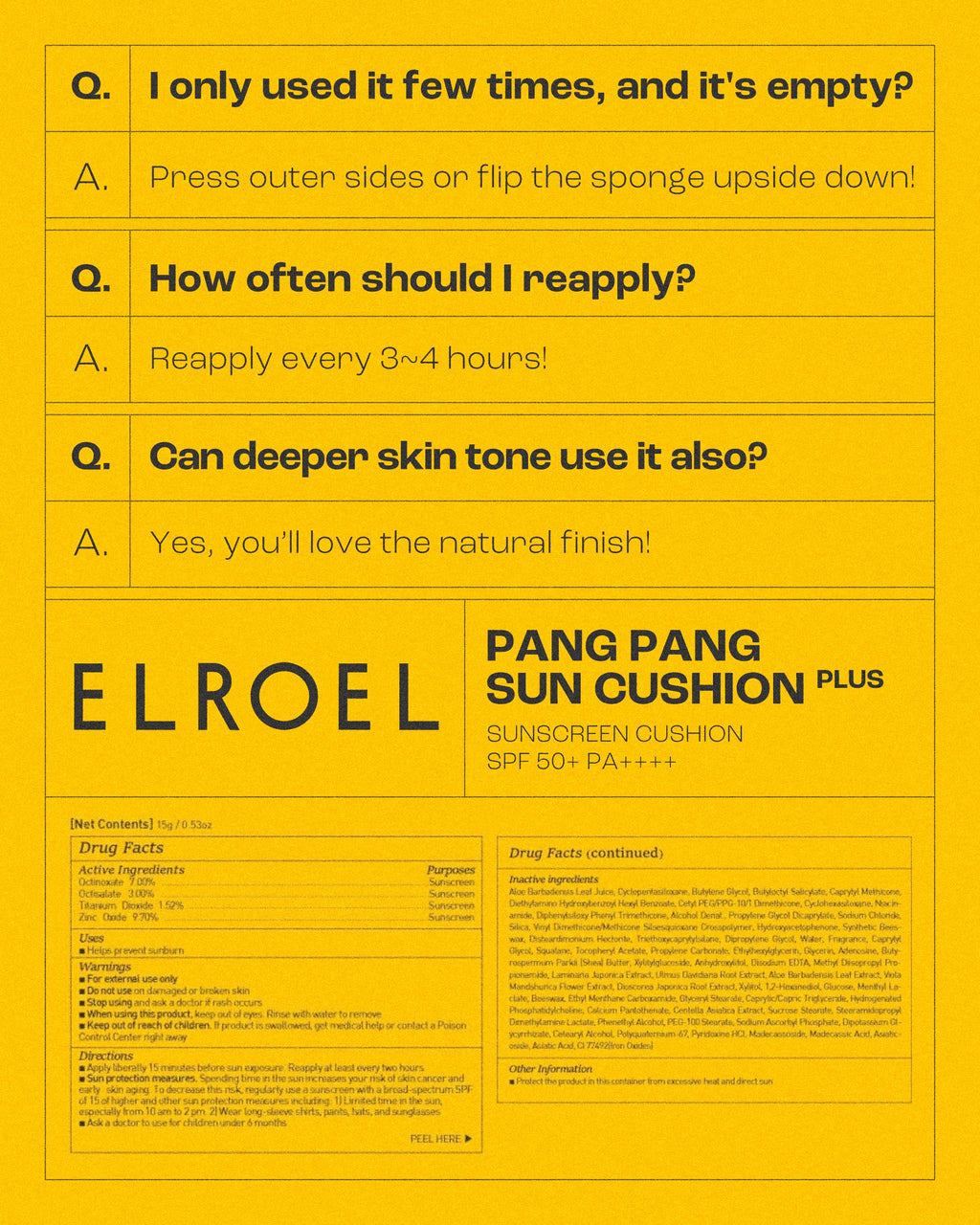 ELROEL Pang Pang Sun Cushion Plus SPF50+ PA++++ | Hypoallergenic Korean Sunscreen