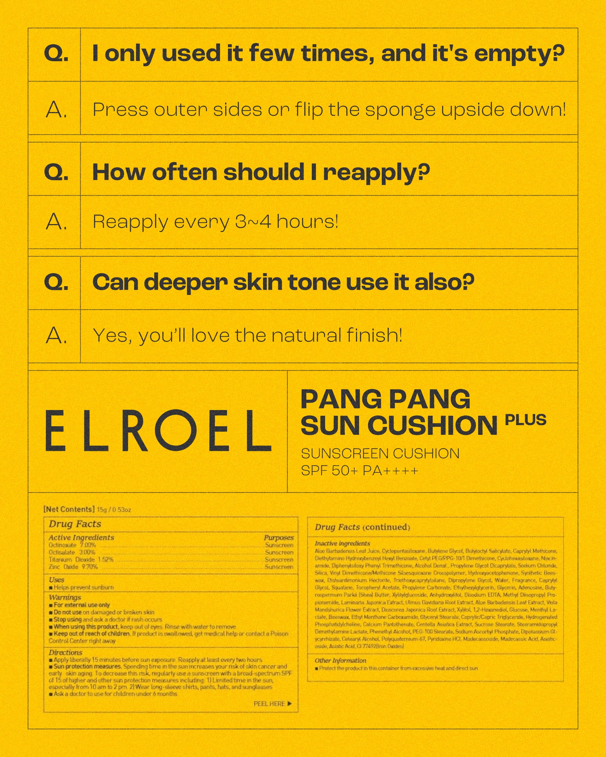 ELROEL Pang Pang Sun Cushion Plus SPF50+ PA++++ | Hypoallergenic Korean Sunscreen