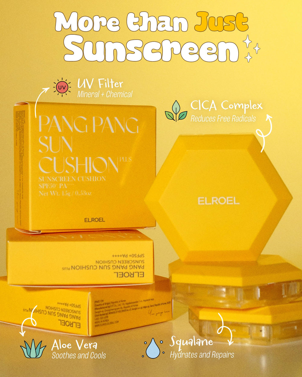 ELROEL Pang Pang Sun Cushion Plus SPF50+ PA++++ | Hypoallergenic Korean Sunscreen