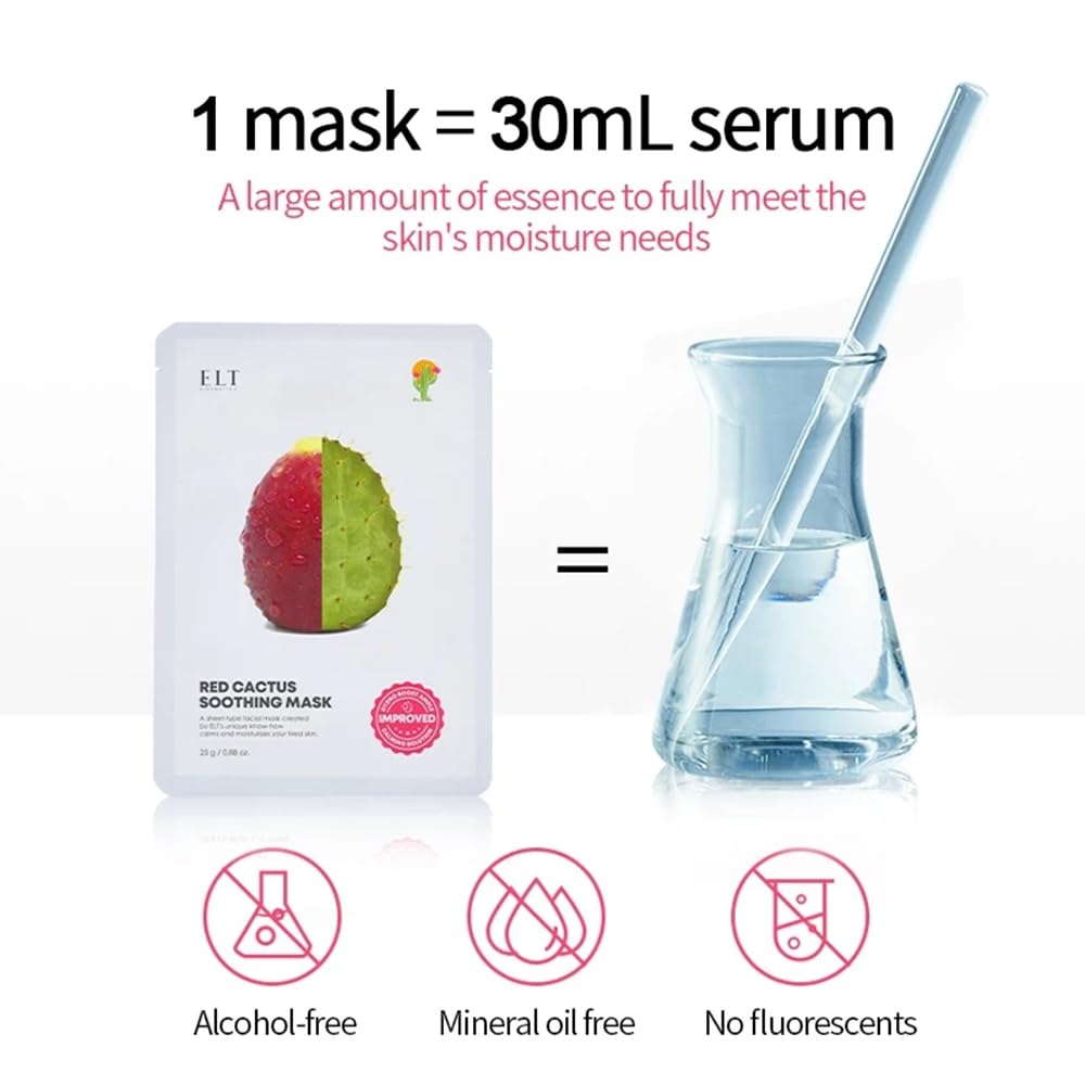 ELT Red Cactus Extract Mask (5,000 ppm) – 25 g / 0.88 oz, Korean Brightening & Anti-Aging Sheet Mask (10 ea)