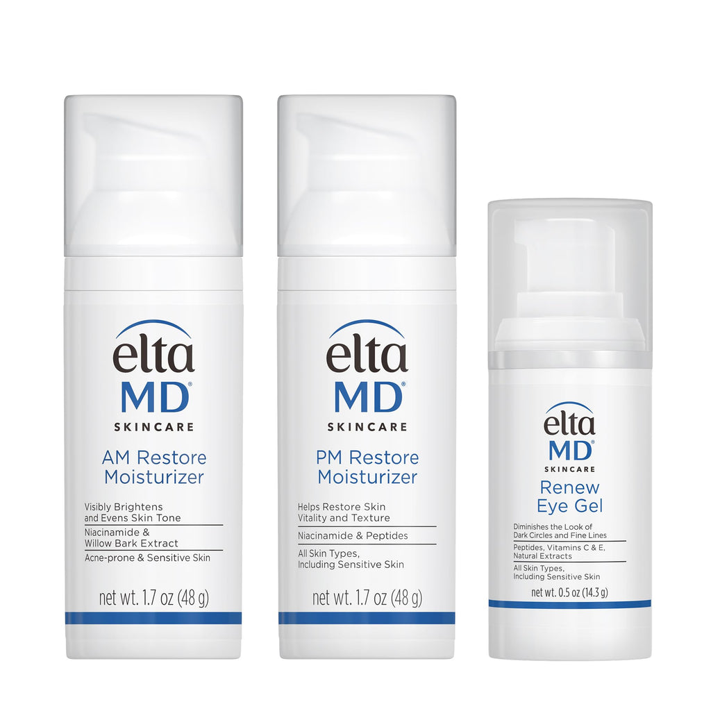 EltaMD Morning & Night Skin Care Kit | AM Restore, PM Restore Moisturizers & Renew Eye Gel