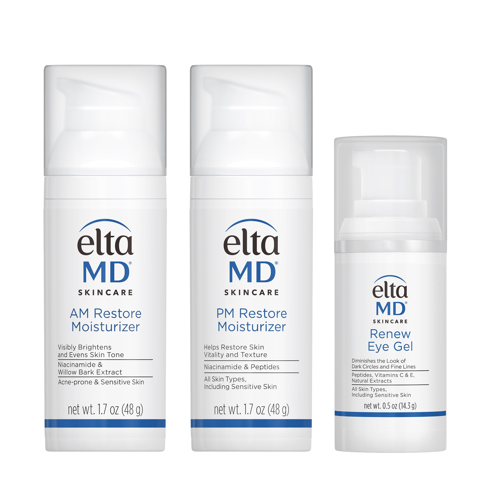 EltaMD Morning & Night Skin Care Kit | AM Restore, PM Restore Moisturizers & Renew Eye Gel