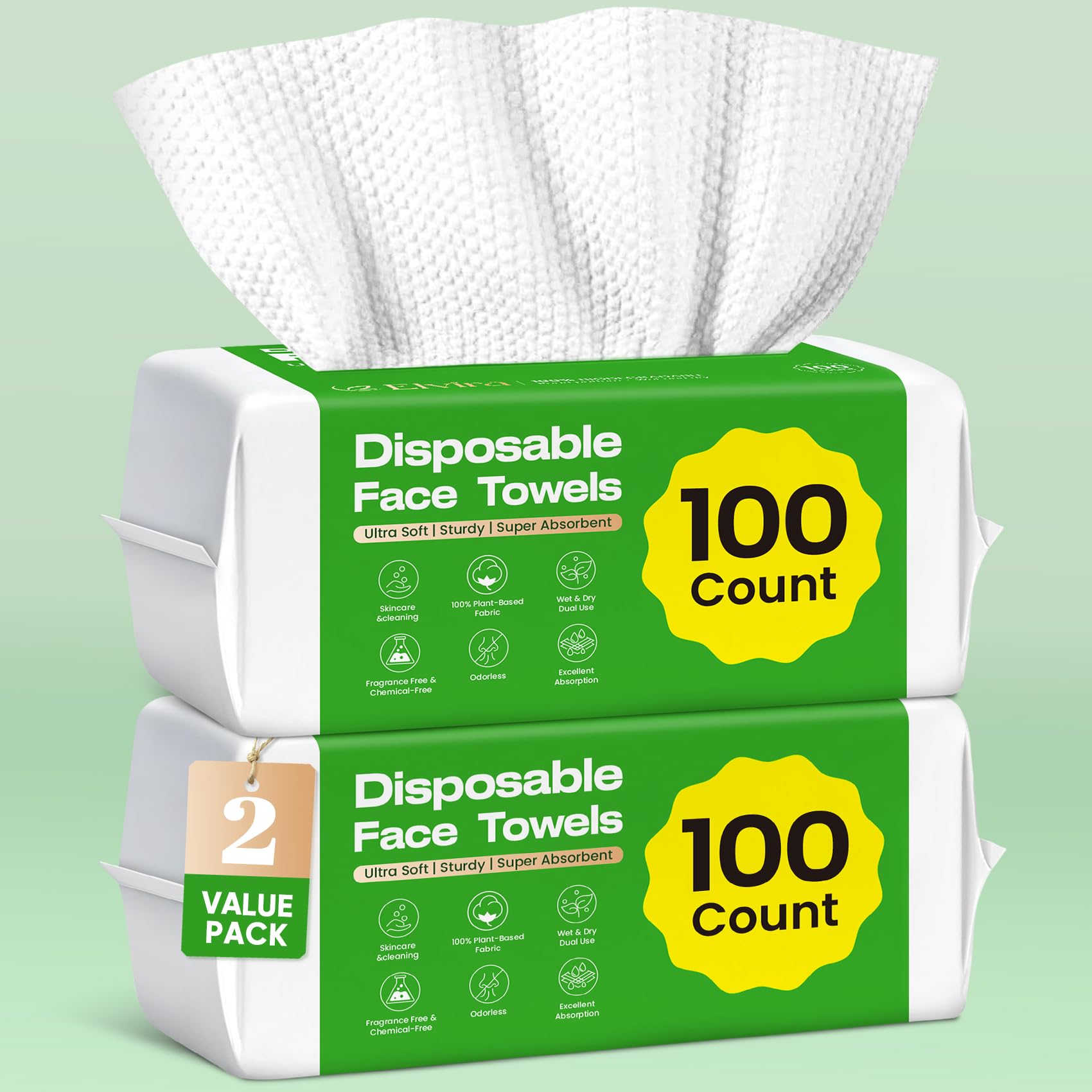 Elvira 200 Count 2-Pack Disposable Face Towels – Biodegradable, Ultra-Soft & Thick for Sensitive Skin