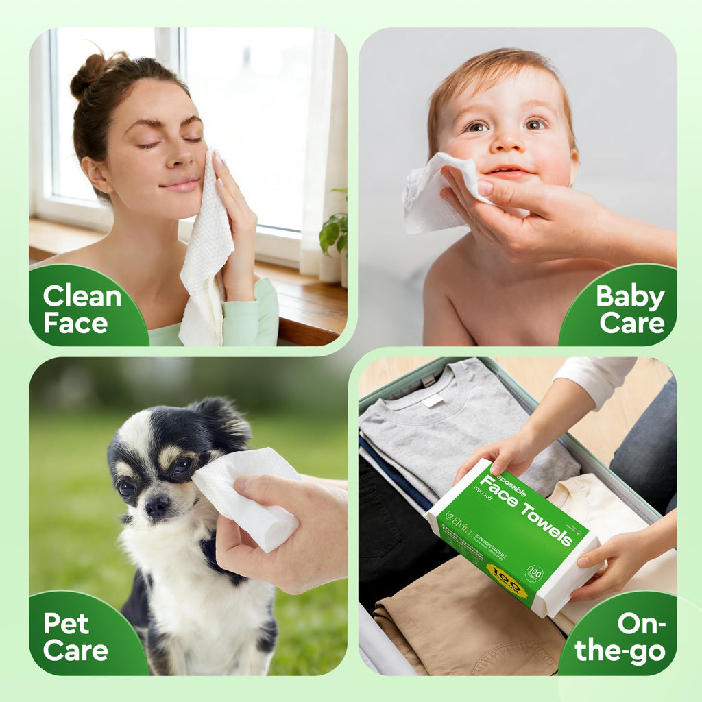 Elvira 200 Count 2-Pack Disposable Face Towels – Biodegradable, Ultra-Soft & Thick for Sensitive Skin