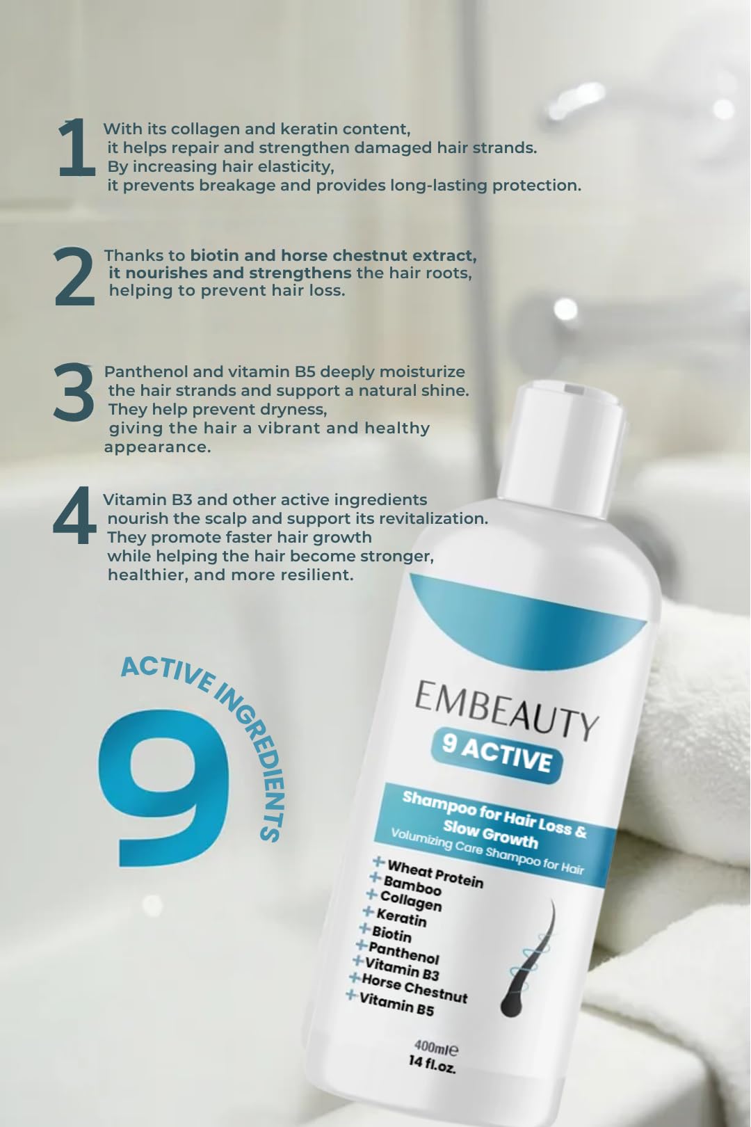 Embeauty Collagen & Keratin Strengthening Shampoo – Sulfate-Free, Paraben-Free, 400 ml