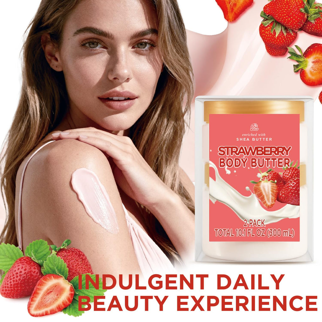 Embleaf Strawberry Body Butter – Shea Moisturizer for Dry Skin (3.4 fl oz + 6.8 fl oz)
