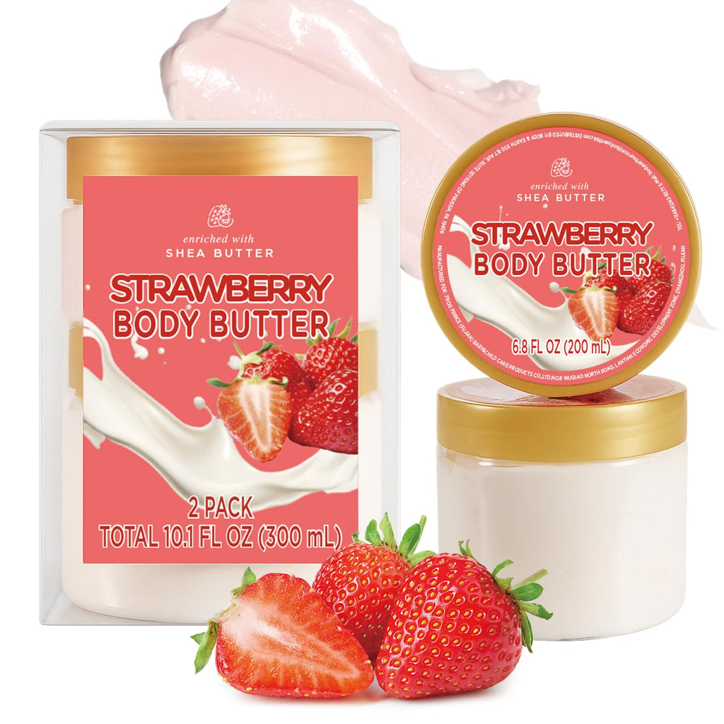 Embleaf Strawberry Body Butter – Shea Moisturizer for Dry Skin (3.4 fl oz + 6.8 fl oz)