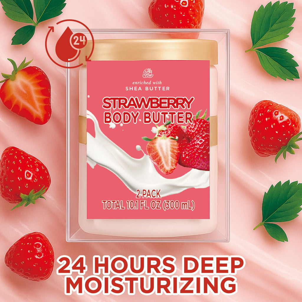 Embleaf Strawberry Body Butter – Shea Moisturizer for Dry Skin (3.4 fl oz + 6.8 fl oz)