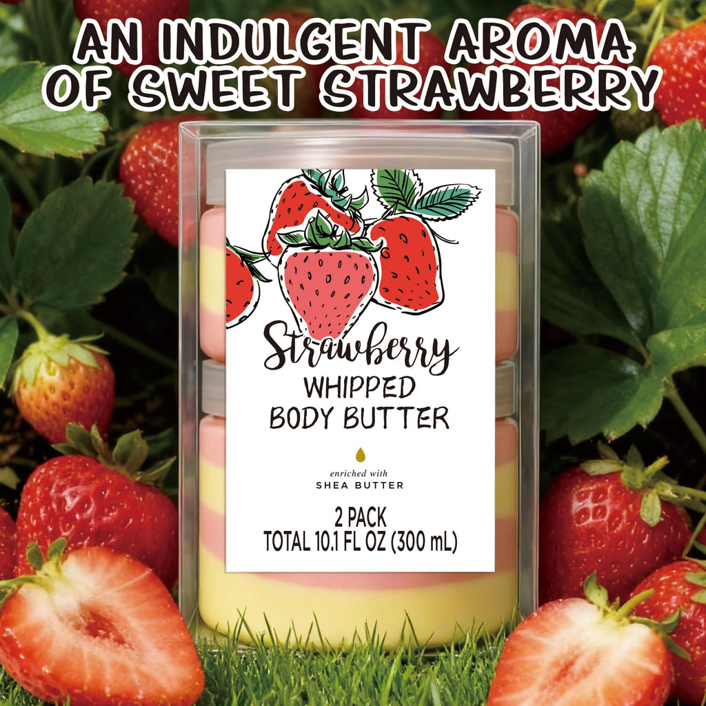 Embleaf Strawberry Whipped Body Butter – Deep Moisturizing Shea Lotion for Dry Skin (3.4 fl oz + 6.8 fl oz)