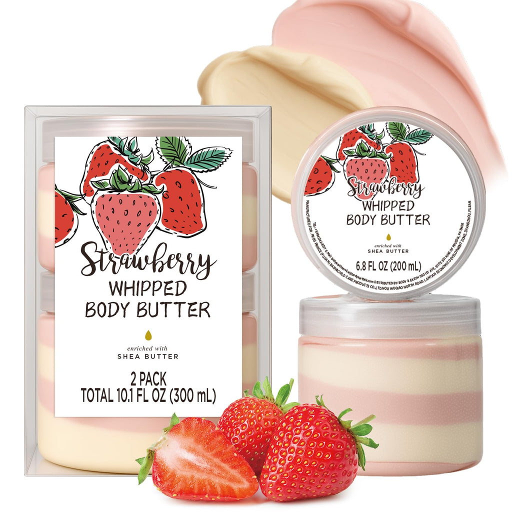 Embleaf Strawberry Whipped Body Butter – Deep Moisturizing Shea Lotion for Dry Skin (3.4 fl oz + 6.8 fl oz)