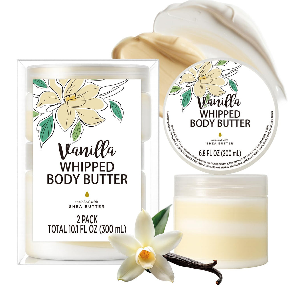 Embleaf Vanilla Whipped Body Butter – Deep Moisturizing Shea Cream for Dry Skin (3.4 fl oz + 6.8 fl oz / 100 ml + 200 ml)