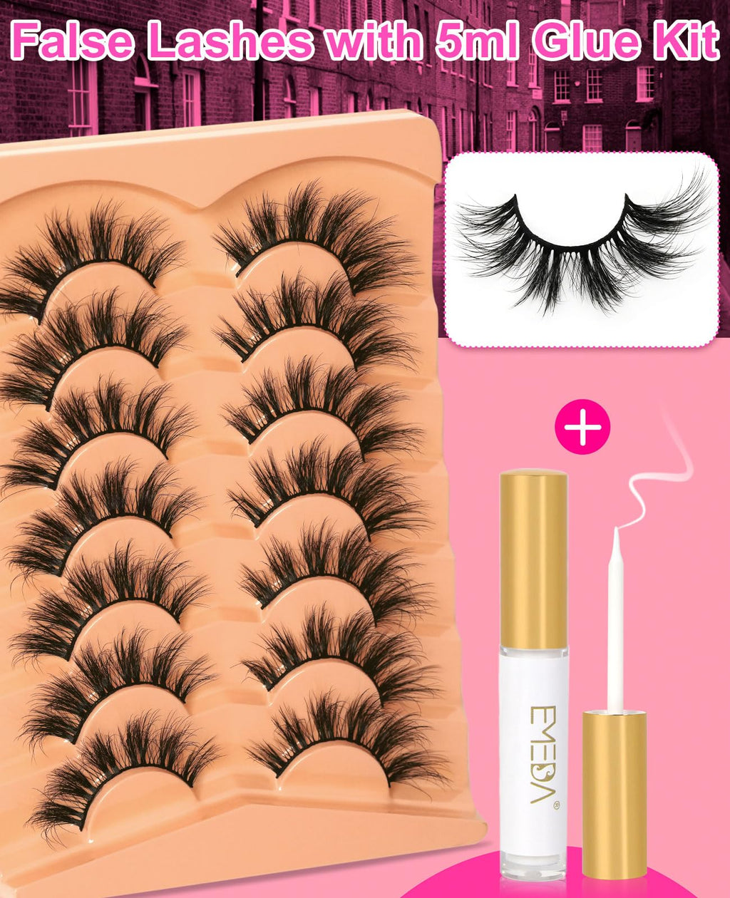 EMEDA Faux Mink Lashes – Fluffy Wispy 3D 18mm D Curl Russian Lashes with Glue (H195)