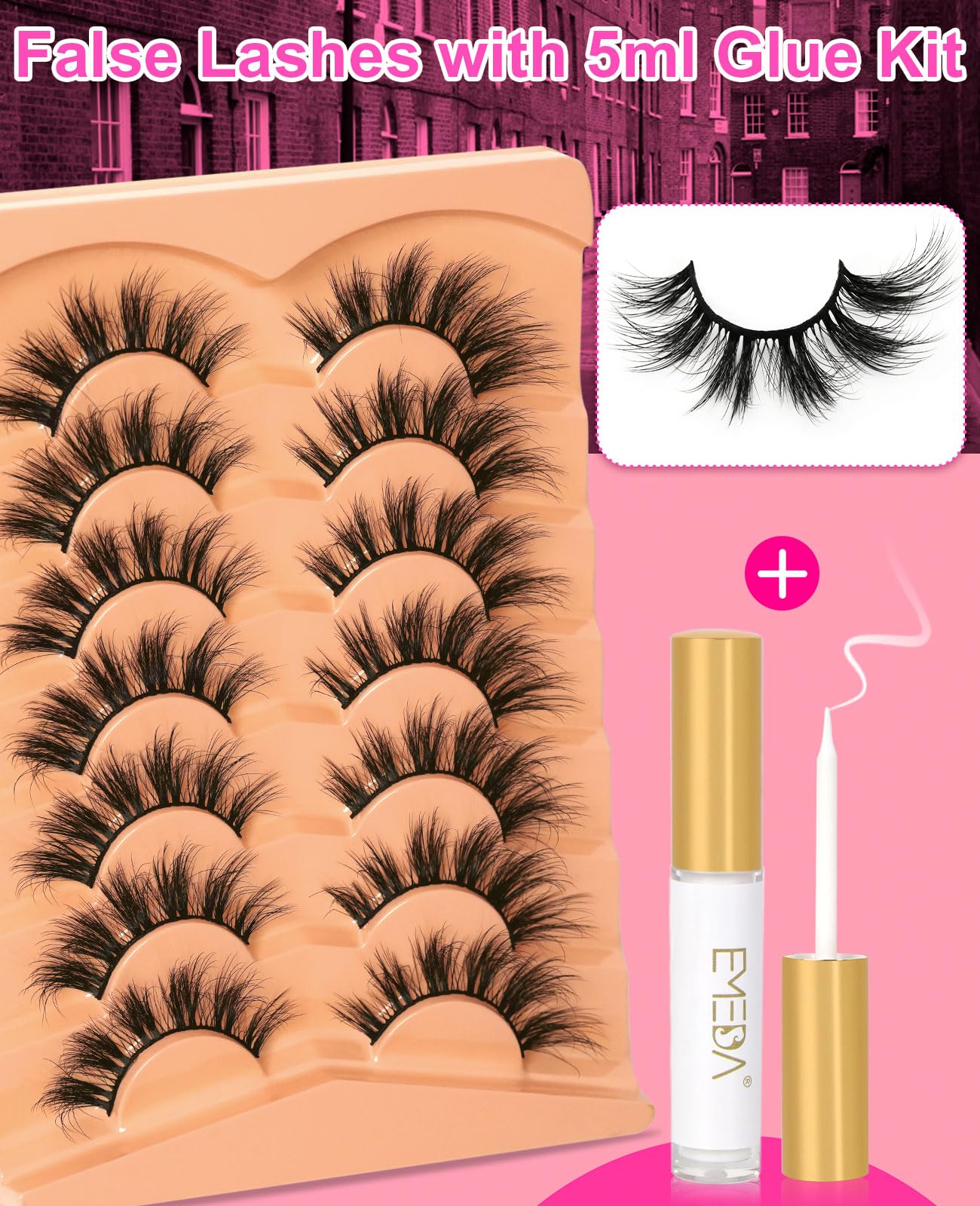 EMEDA Faux Mink Lashes – Fluffy Wispy 3D 18mm D Curl Russian Lashes with Glue (H195)