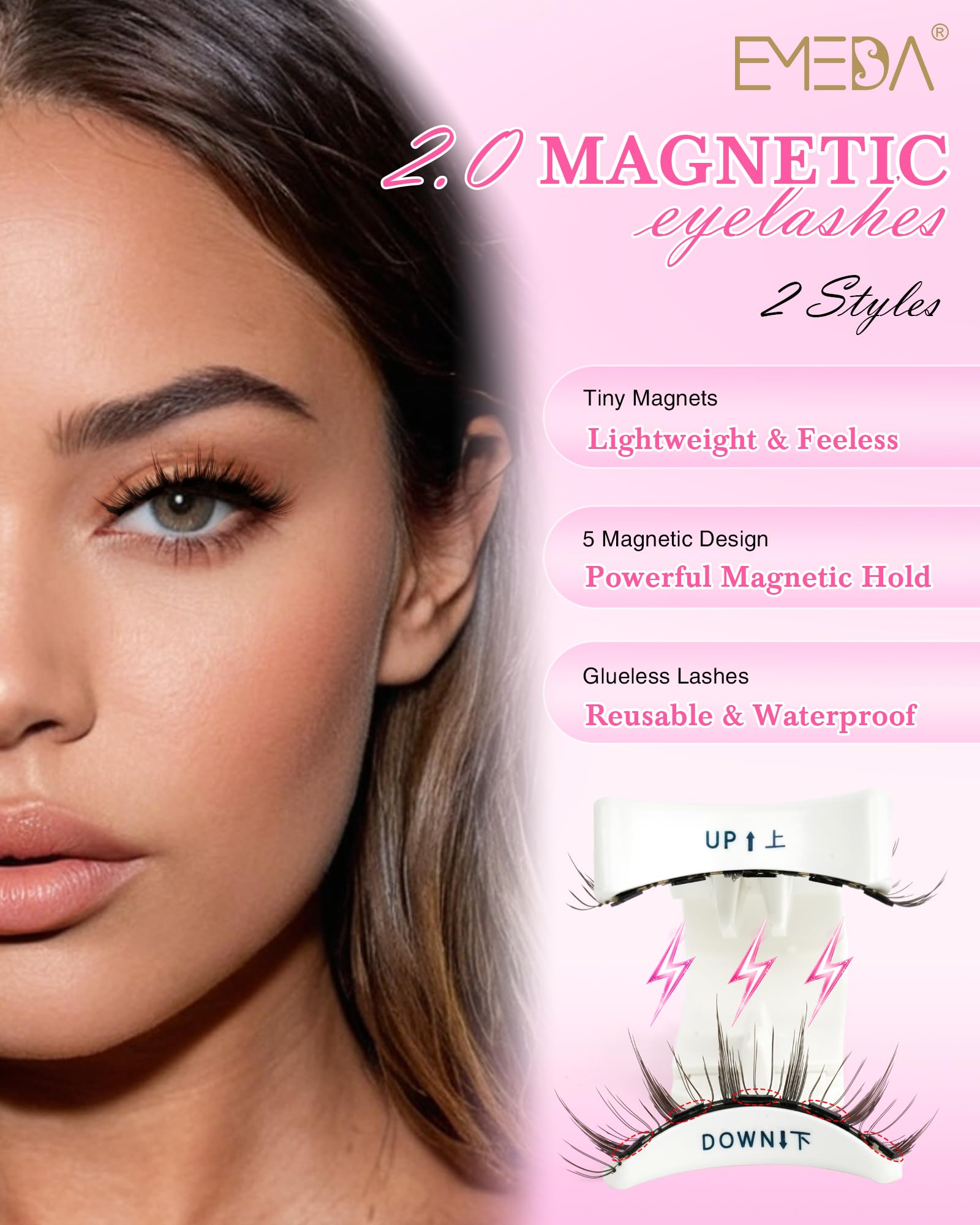 EMEDA Natural Look Magnetic Eyelashes Kit – 2 Pairs, No Glue, Easy Wear, Reusable