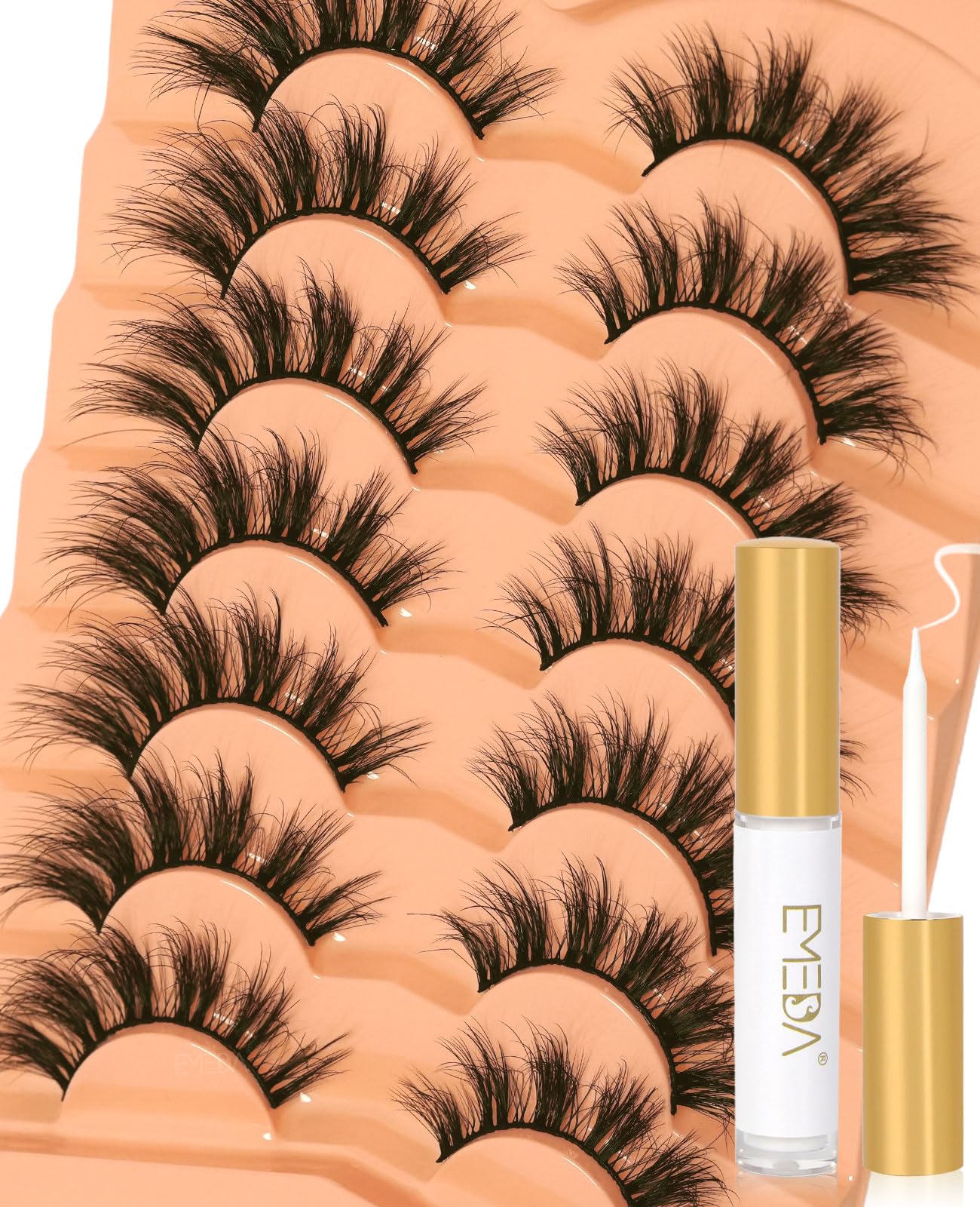 EMEDA Faux Mink Lashes – Fluffy Wispy 3D 18mm D Curl Russian Lashes with Glue (H195)