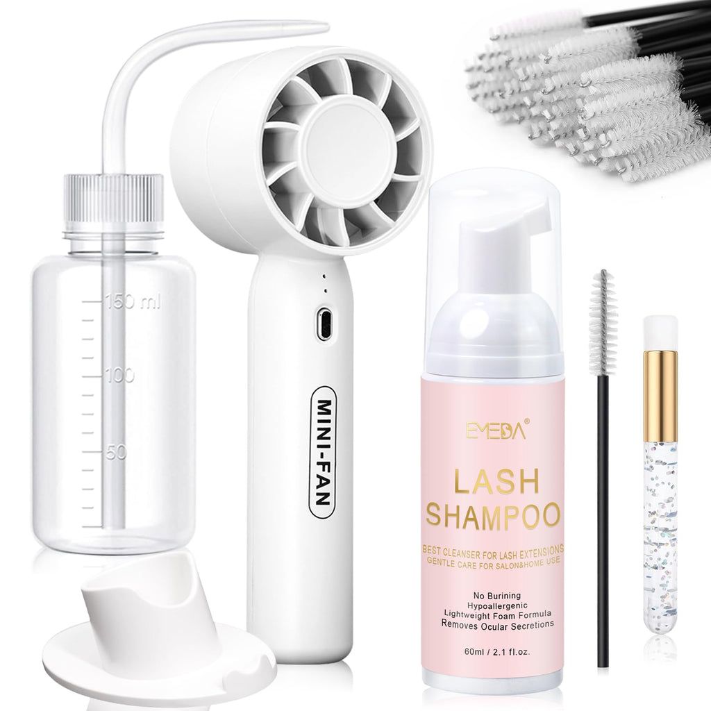 EMEDA Lash Cleaning Kit (White) | 2.02 fl oz Lash Shampoo, USB Mini Fan Dryer & Rinse Bottle