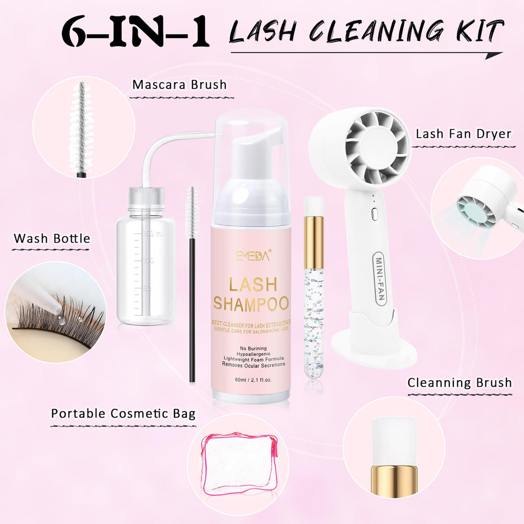 EMEDA Lash Cleaning Kit (White) | 2.02 fl oz Lash Shampoo, USB Mini Fan Dryer & Rinse Bottle