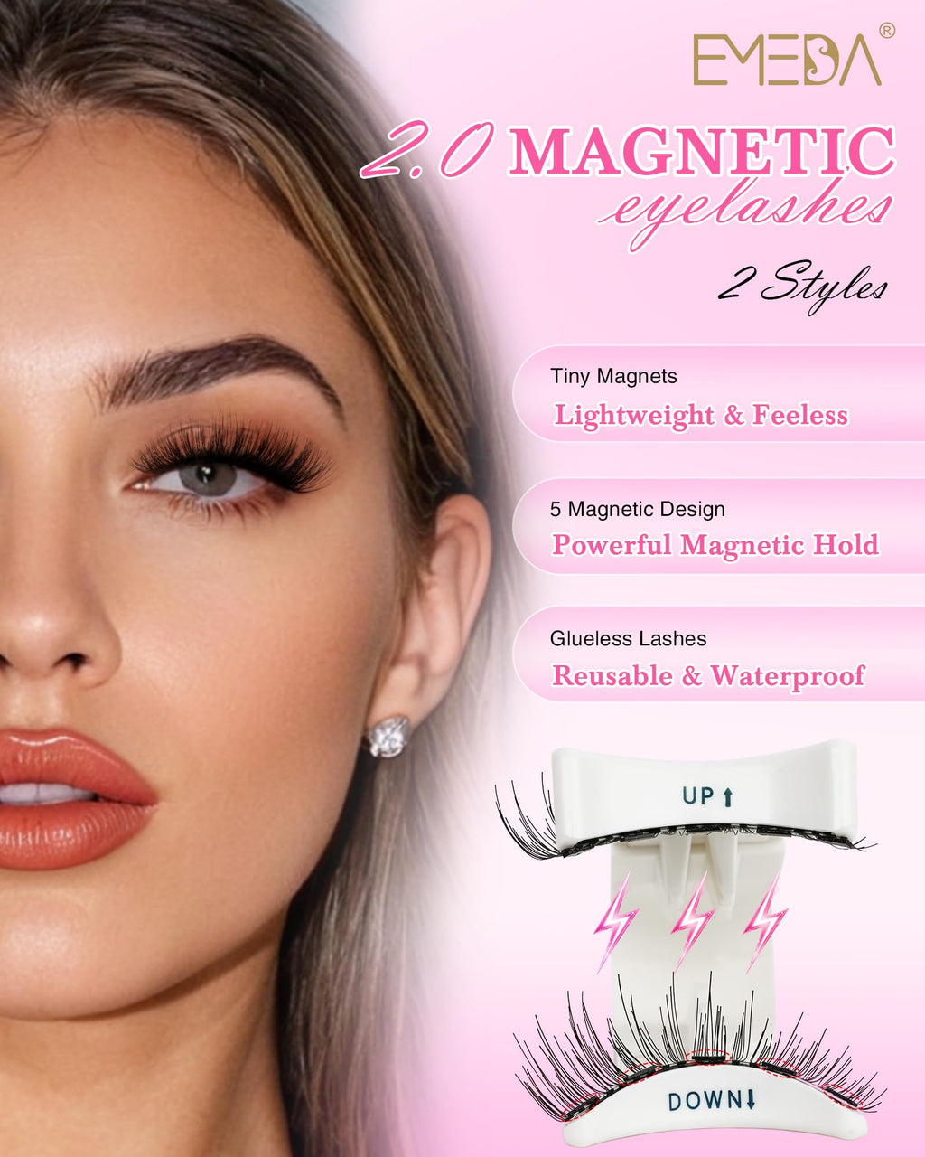 EMEDA Natural Look Magnetic Eyelashes Kit – 2 Pairs, Reusable, No Glue Needed, with Applicator & Mirror