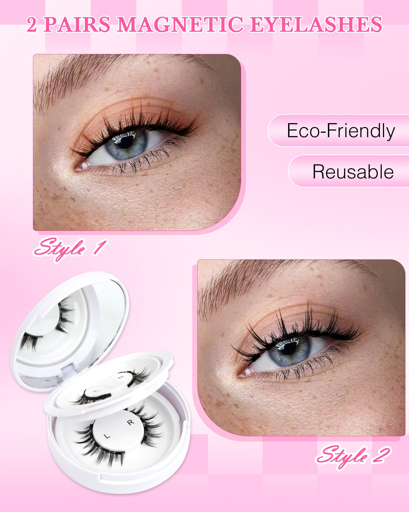 EMEDA Natural Look Magnetic Eyelashes Kit – 2 Pairs, No Glue, Easy Wear, Reusable