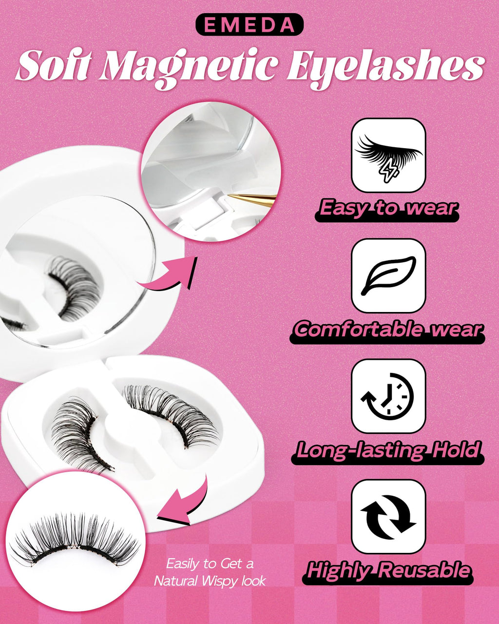 EMEDA Upgrade Soft Magnetic Eyelashes with Applicator & Lash Fixer – No Glue Needed