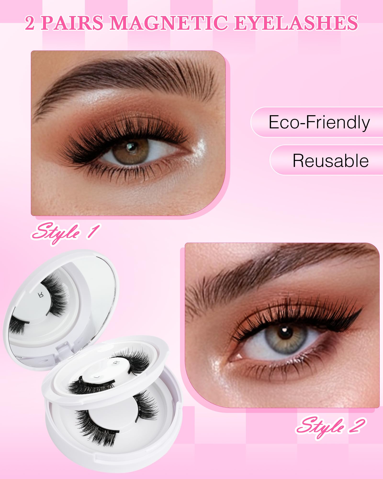 EMEDA Natural Look Magnetic Eyelashes Kit – 2 Pairs, Reusable, No Glue Needed, with Applicator & Mirror